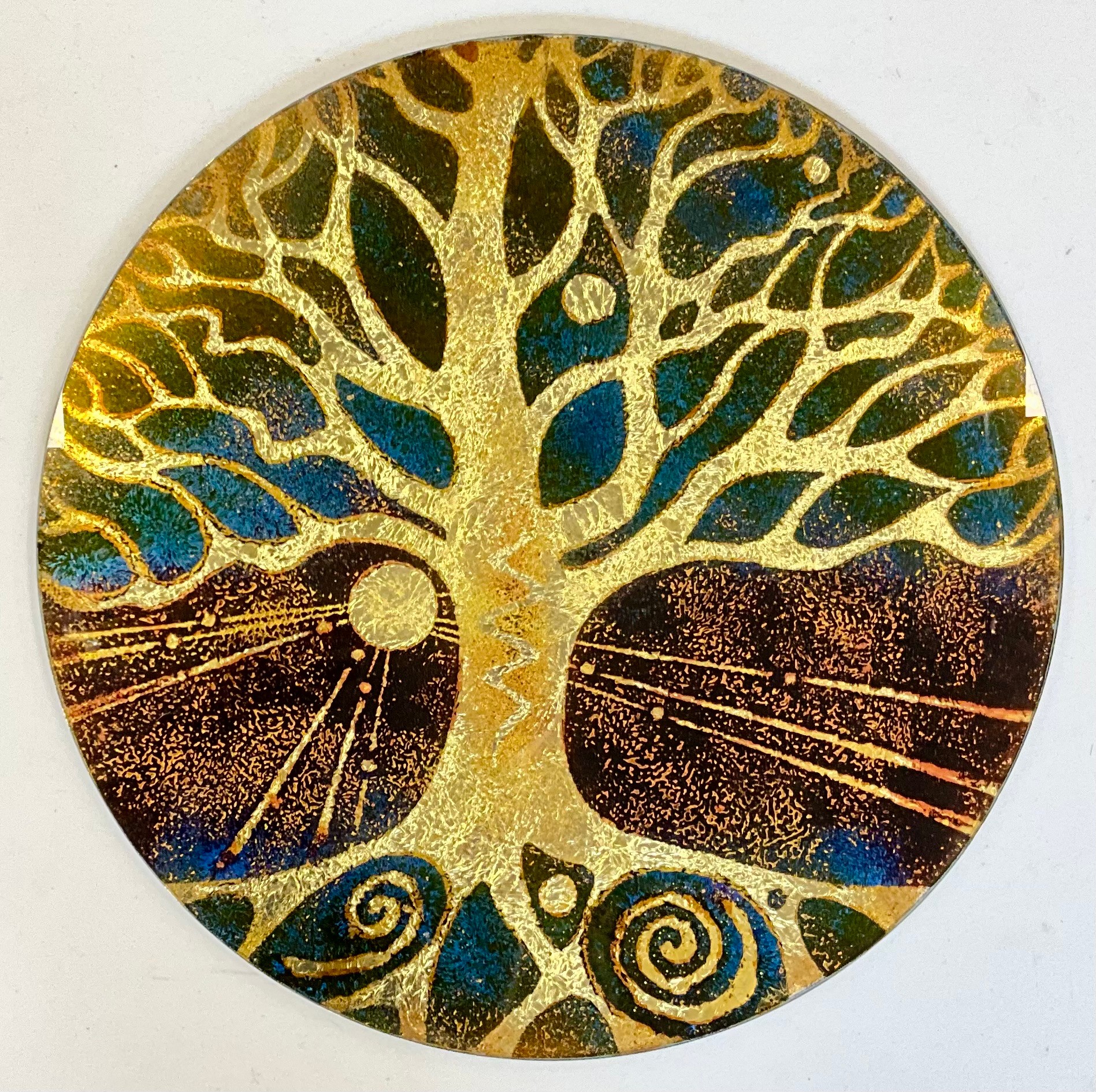 Joy Greenhalgh, a Greenhalgh Studio glass decorative wall disc, from the ‘Tree of life’ series - Gold fused within a glass panel, 47cm diameter.