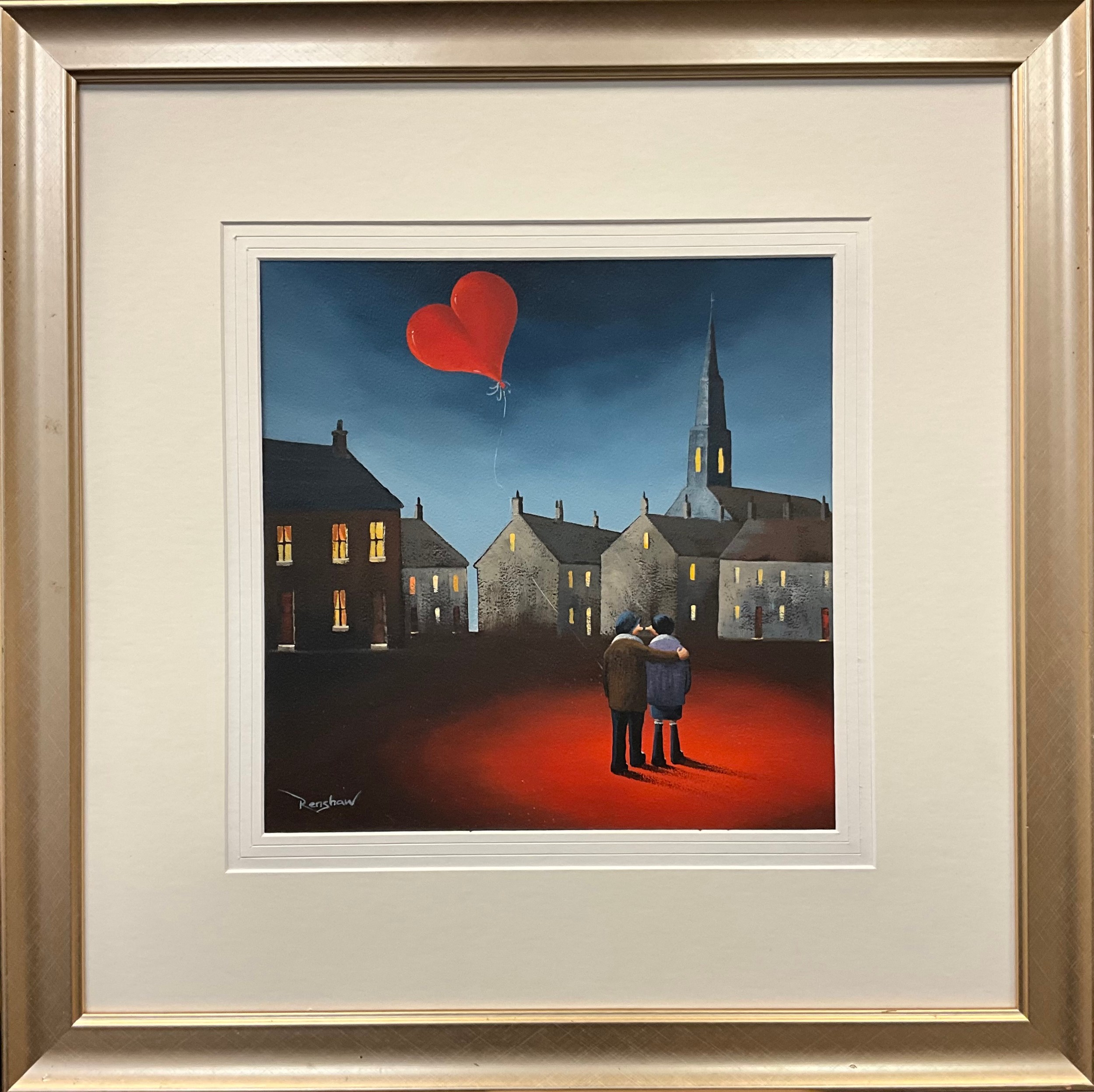 David Renshaw (British, bn. 1973)  Love and a Red Balloon  signed, oil on board, 30cm x 30cm.