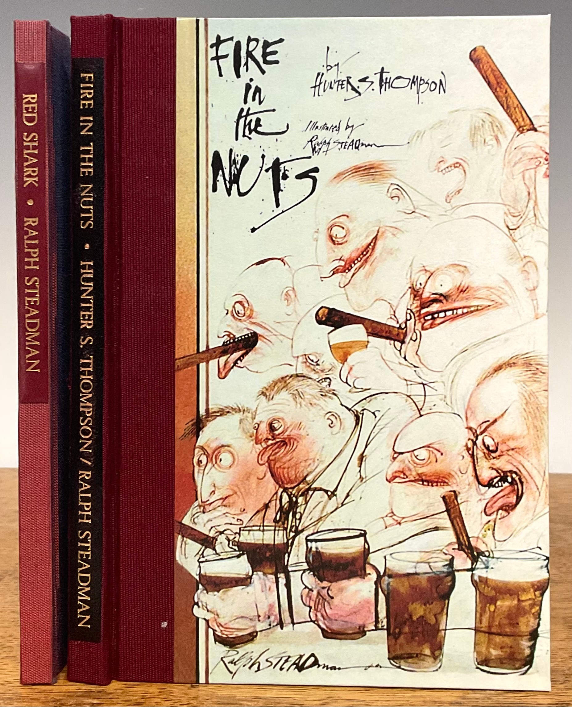 Thompson (Hunter Stockton, 1937-2005) & Steadman (Ralph Idris), Fire in the Nuts, 1st ltd. edn. no. Y/26, Lexington Ky., Joe Petro III & Tucson, Az., Walter Bartholomew, 2nd November 2004 12mo, signed by authors, 14 illus. in colour, maroon endpapers, bound maroon cloth over pictorial covers, gilt titles to spine, original silkscreen of Thompson by Steadman and signed by latter, laid in, black cloth clamshell publisher’s case; Steadman (Ralph Idris), Red Shark, 1st limited edn., 62/100, Lexington, Sylph publishing, 2003, 12mo, signed by author, Anna Steadman, publisher Joe Petro III and Kurt Vonnegut, 29pp illus. red endpapers, bound quarter red cloth over marbled boards, black titles in author’s hand (2)