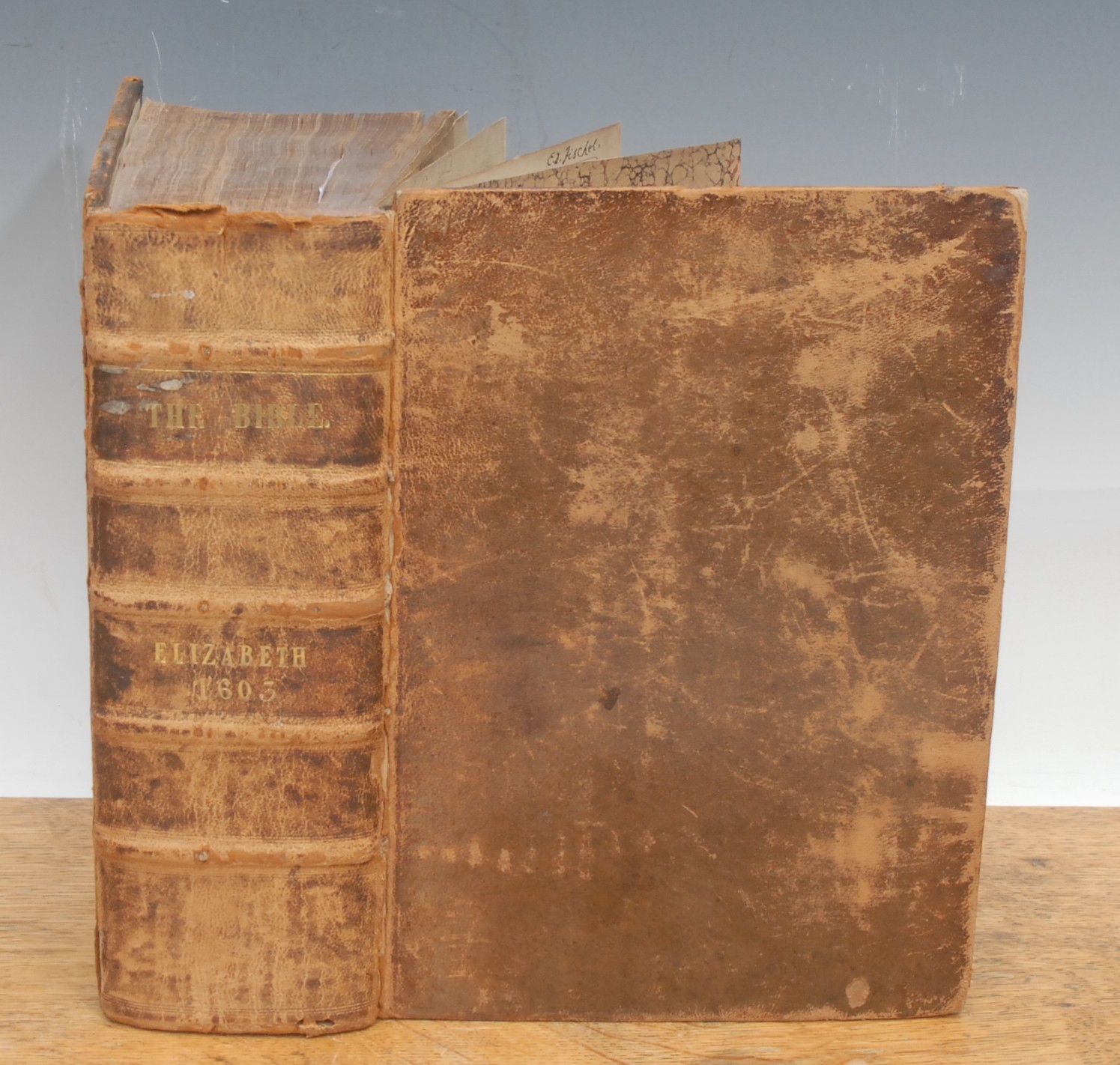 Book – Christian religion, a Genevea (‘Breeches’) bible: The Bible Translated According to the Ebrewe and Greek and Conferred with the Best Translators in Divers Languages, London, Brobert Barker 1603, bound with, at front, Morning and Evening Prayer, the Psalms and  Other Prayers (no title), and following the bible, bound with Two Right Profitable and Fruitful Concordances of Large and Ample Tables collected by R[obert] F. H[erry], London, Robert Barker, preface dated 1575, and with The Whole Book of Psalmes, Collected into English Metre by Thomas Sternhold, John Hopkins and others, with the Hebrue with Apt Notes to Sing them Withall, London, John Windet for Richard Daye 1603, also some 97pp of prayers at end, 8vo, 555 + 97 pp, crested bookplate Edward Abram, flyleaf MS inscr. George Feagan/London/1st August 1760. MS inscr of last page John Banfield 1699, 1700; MS iscr to bible itself opp. title John Farmer/His Book/May 7th 1688 & 2 Feb. 1693,all bound full calf, five raised bands and gilt titles to spine (