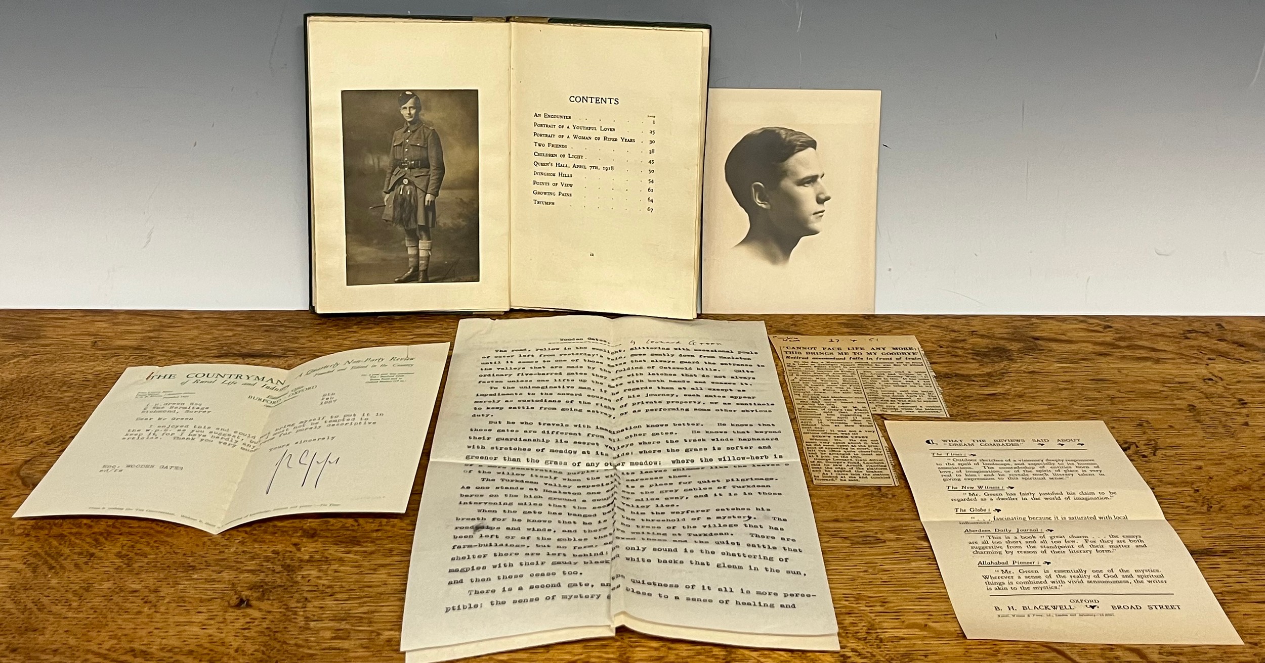 Book – Uranian interest: Green (Leonard Henry, 1885-1966), The Youthful Lover 1st edn., Oxford, B. H. Blackwell, 1919, 12mo, ix + 63pp, author’s own copy, with his MS signature with, loosely inserted, author’s personal photographs of the two dedicatees, Ronald and Erik (Eric Arnold, his lover from 1916), beneath the author’s dedication he has written ‘This record of a wonderful year’, also laid down, a signed full-length studio photograph of Ronald in uniform, two textual corrections in the author’s hand, loosely inserted, also an unpublished article by Green and a letter of rejection concerning it from The Countryman; also tucked in a newspaper cutting from Pimlico News 27/4/1951 recording Eric Arnold’s untimely death at Trafagar Square Underground station and a further cutting relating to the inquest, holograph poem (by ‘nobody of note’) inspired by the book and addressed to the author 26/5/1921 tipped in to front board (1)