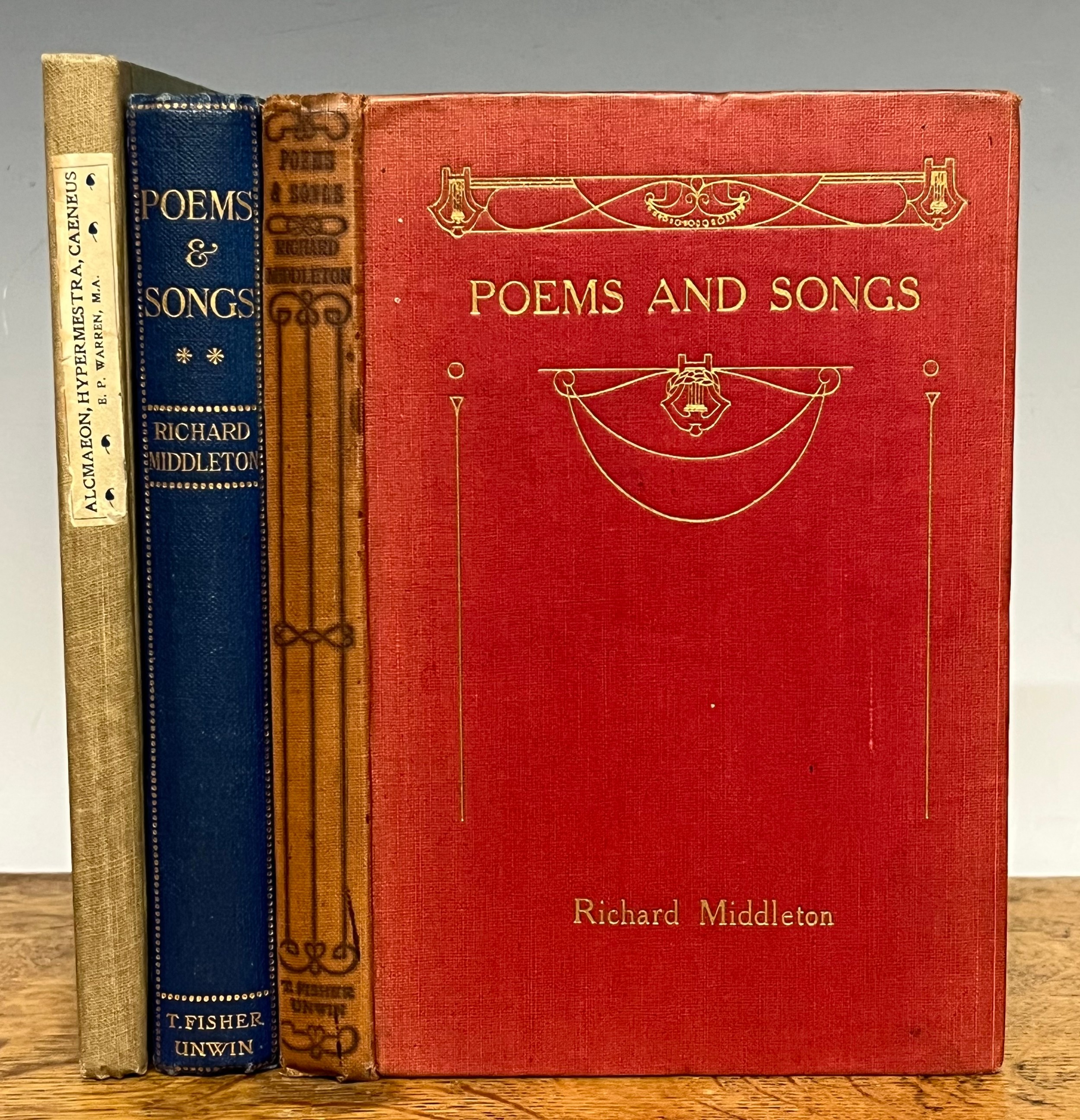 Books – Uranian interest: Warren (Edward Prioleau, 1856-1937) Alcmaeon, Hypermestra, Caeneus 1st edn., Oxford, B. H. Blackwell, 1919) 12mo, 109pp, MS inscr. to Siegfried Sasson MC, CBE (1886-1967) July 1920, with his book label, Holland backed pale blue boards, titles to reserve on front board and to spine, 10 stanza poem by author in MS on folded sheet tipped in to face half title; Middleton (Richard Barham, 1882-1911) Poems and Songs, intro. Henry Savage, 1st series, 4th impression, London, T. Fisher Unwin, 1916, 12mo, xvi + 144pp, bound gilt embossed liners and titles to red boards, lines and titles to spine; Middleton (Richard Barham, 1882-1911) Poems and Songs, 2nd series, 1st edn. London, T. Fisher Unwin, 1912), 12mo, 134pp, gilt lines and titles to blue boards, gilt titles to spine (3)