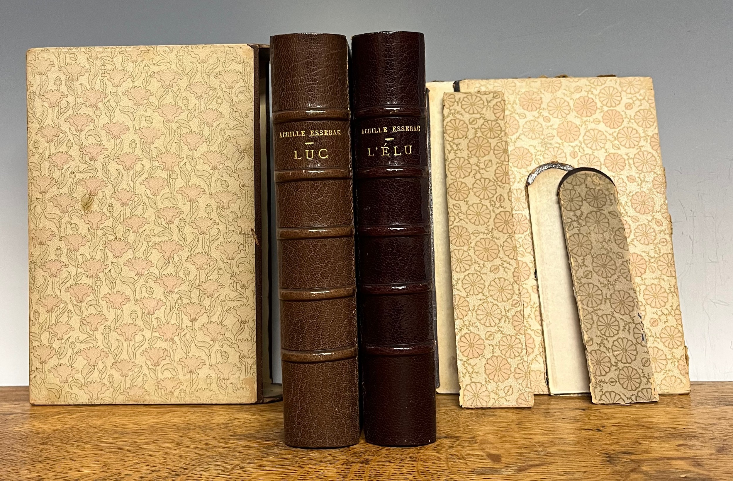 Books – Uranian interest: Essebac (Achille, Achille Bécasse, 1868-1936), L’Elu, Paris, Aubert, Édition Moderne, Collection Ivoire, n. d. (1902) 1/10 limited edition, signed by the publisher, 12mo, 304pp, French text, bound full brown morocco by Magnin, silk paisley doublures, decorated endpapers, five raised bands and gilt titles to spine, matching slip case (upper board of slipcase detached) MS warmly inscribed presentation from the author to Philippe Cassier also bound en suite, also a copy of Luc, in the same edition, 285pp, French text, ltd. edn., 7/10 ltd., similarly bound but in full brown Morocco matching slip case (2)