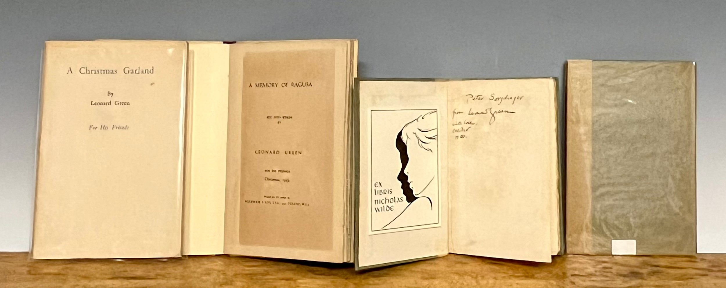 Books – Uranian interest: Green (Leonard Henry, 1885-1966), A Christmas Garland 1ste dn., Watford, Voss & Michael, 1926, privately printed, small 8vo, 39pp, uncoloured sewn card covers, MS note from author to Gordon Spry (his friend and literary executor); Green (Leonard Henry, 1885-1966), Dream Comrades and Other Prose sketches, 1st edn., Oxford, B. H. Blackwell, 1916, 12mo, 95pp, bound quarter cloth over green boards, MS inscr. from author to Peter Sorgdragev; Green (Leonard Henry, 1885-1966), A Memory of Ragusa, 1st edn., London, Holbrook & Son., privately printed, 1929, small 8vo, 11 unpaginated leaves, bound maroon Rexine backed cream boards, gilt titles; Green (Leonard Henry, 1885-1966), The Youthful Lover and Other Prose Stories, 1st edn., Oxford, B. H. Blackwell, 1919, 12mo, ix + 63pp, cream cloth over green boards, glassine d. w. (4)