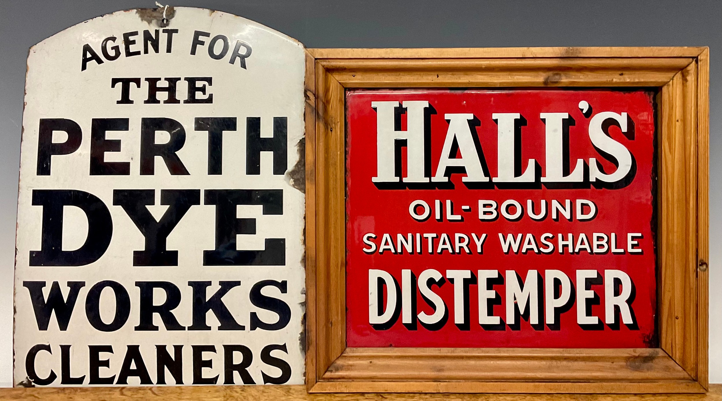 Advertising - a double-sided enamel sign, Hall's Oil-Bound Sanitary Washable Distemper, 29cm x 35.5cm, mounted for display; another, Agent for the Perth Dye Works Cleaners, 46cm x 34cm (2)
