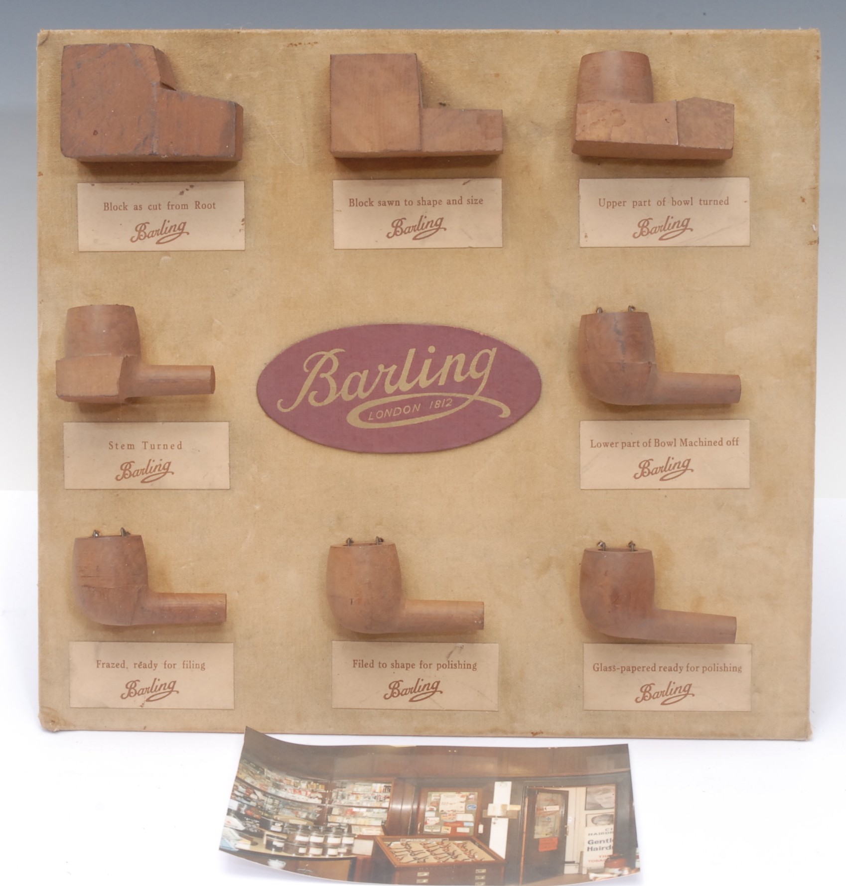 Advertising & Tobacciana - a shop display diorama, showing the process of a smoking pipe bowl construction in eight stages, for Barling (London), easel stand, 32.5cm x 35.5cm, c. 1960; a photograph of a tobacco shop interior, 12.5cm x 18cm, c. 1990s (2)