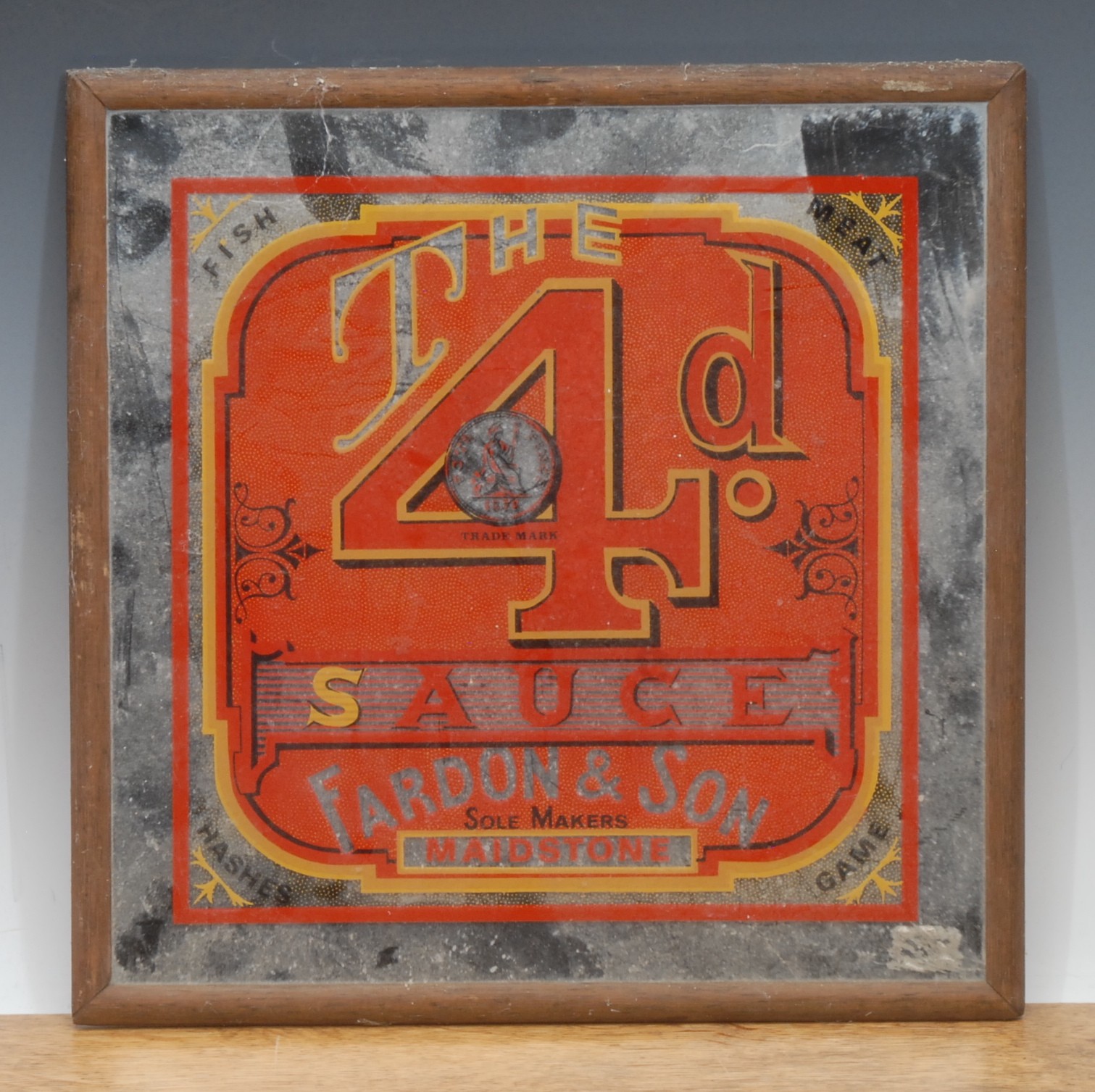 An advertising mirror, The 4d. Sauce, Fardon & Son, Maidstone, in tones of yellow and red, 30cm x 30cm