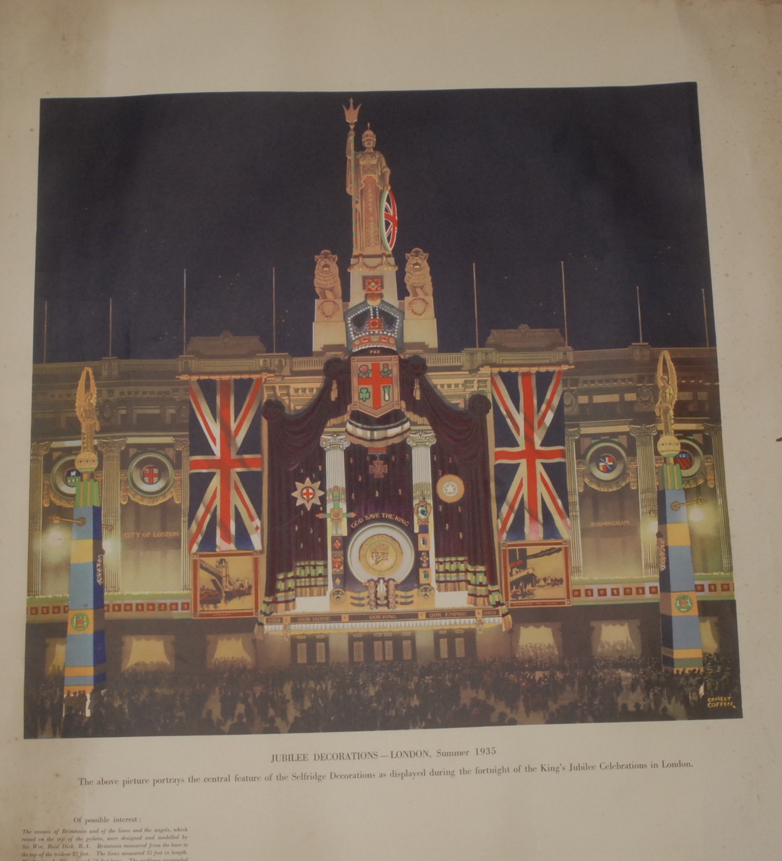Pictures and Prints - advertising - Ernest Coffin, after, Selfridge, a set of two, Jubilee Decorations - London, Summer 1935, 58cm x 86cm and 60cm x 60m, including covering letter and labelled postage tube