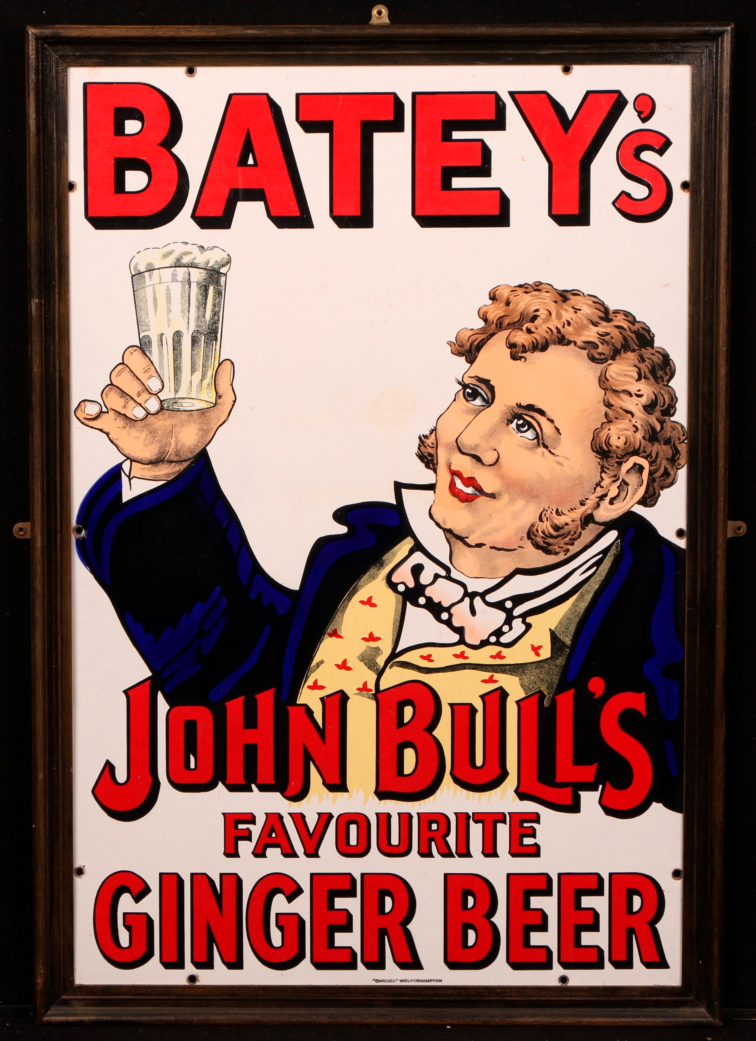 Advertising - an early 20th century rectangular pictorial enamel sign, Batey's, John Bull's Favourite Ginger Beer, illustrated with 'John Bull' raising a glass, 76cm x 51cm