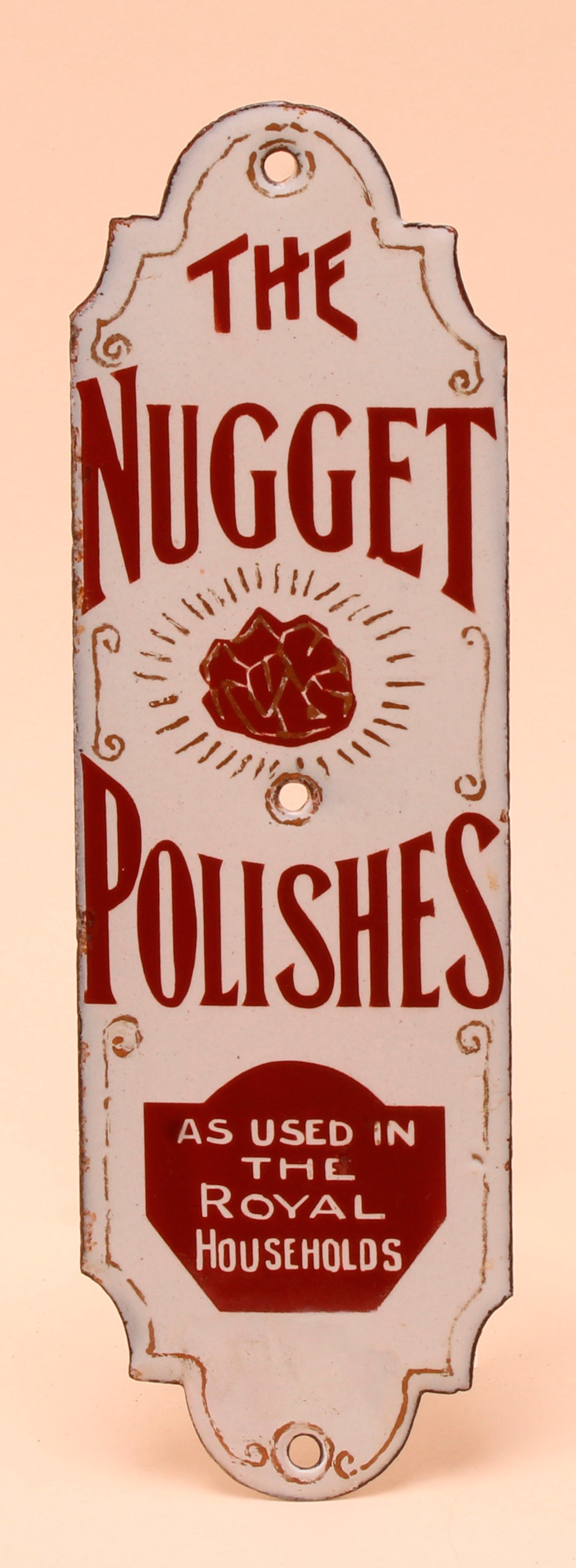 Advertising - an early 20th century shaped rectangular enamel fingerplate, The Nugget Polishes, As Used In The Royal Households, 20cm x 6.5cm