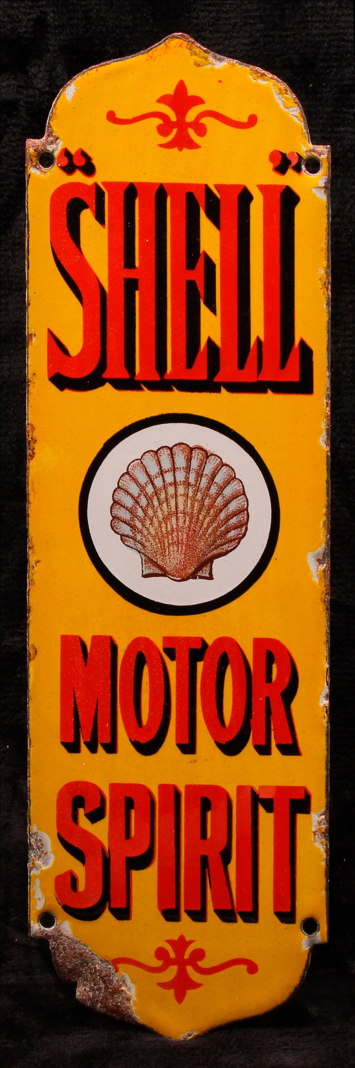 Advertising - Motoring - an early 20th century shaped rectangular enamel finger plate, Shell Motor Spirit, illustrated with a shell, 27cm x 8cm