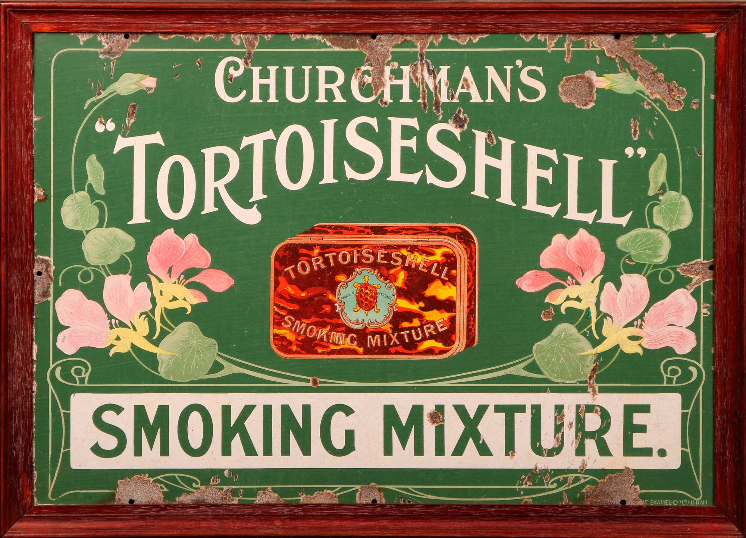 Advertising - Tobacco - an Art Nouveau rectangular pictorial enamel sign, Churchman's Tortoiseshell Smoking Mixture, illustrated with a tin and flowers in typical sinuous form, 51cm x 71cm