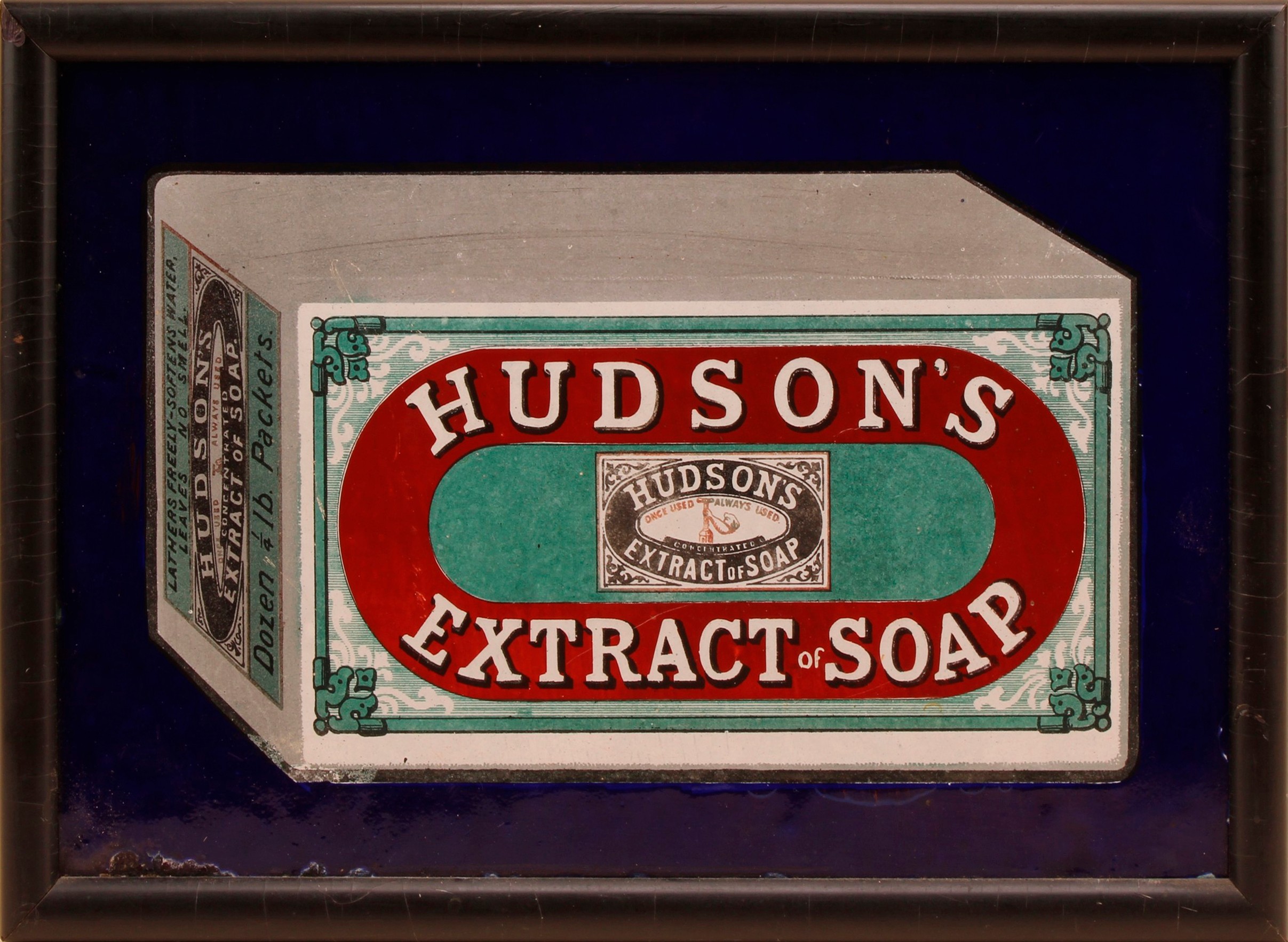 Advertising - an early 20th century rectangular pictorial enamel sign, Hudson's Extract of Soap, illustrated with a labelled packet, 20.5cm x 31cm