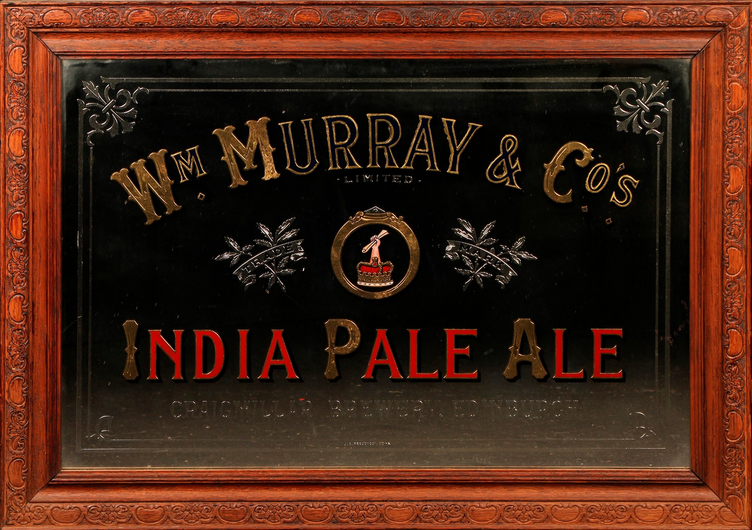 Advertising - Breweriana - an early 20th century rectangular pub mirror, William Murray & Co's India Pale Ale, inscribed in red, black and gilt, oak frame, 64.5cm x 89.5cm overall
