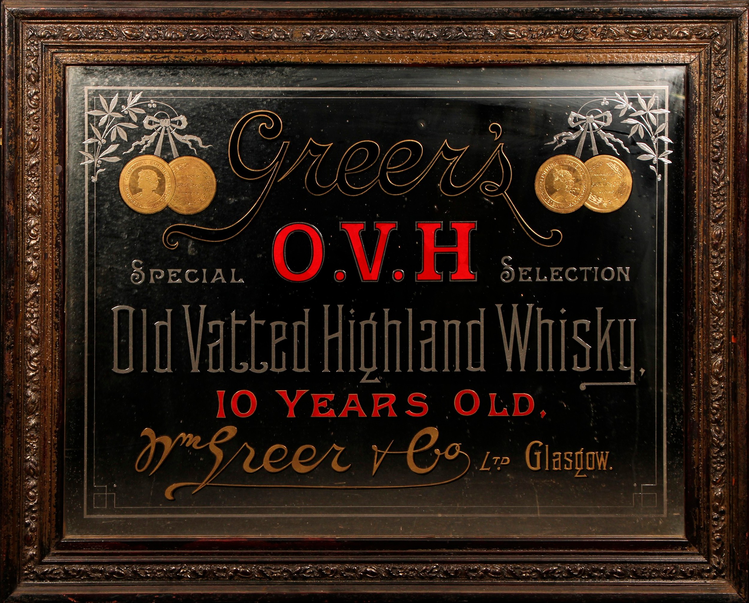 Advertising - Whisky - a large early 20th century rectangular pub mirror, Greer's O.V.H. Old Vatted Highland Whisky, 10 Years Old, 89.5cm x 117.5cm