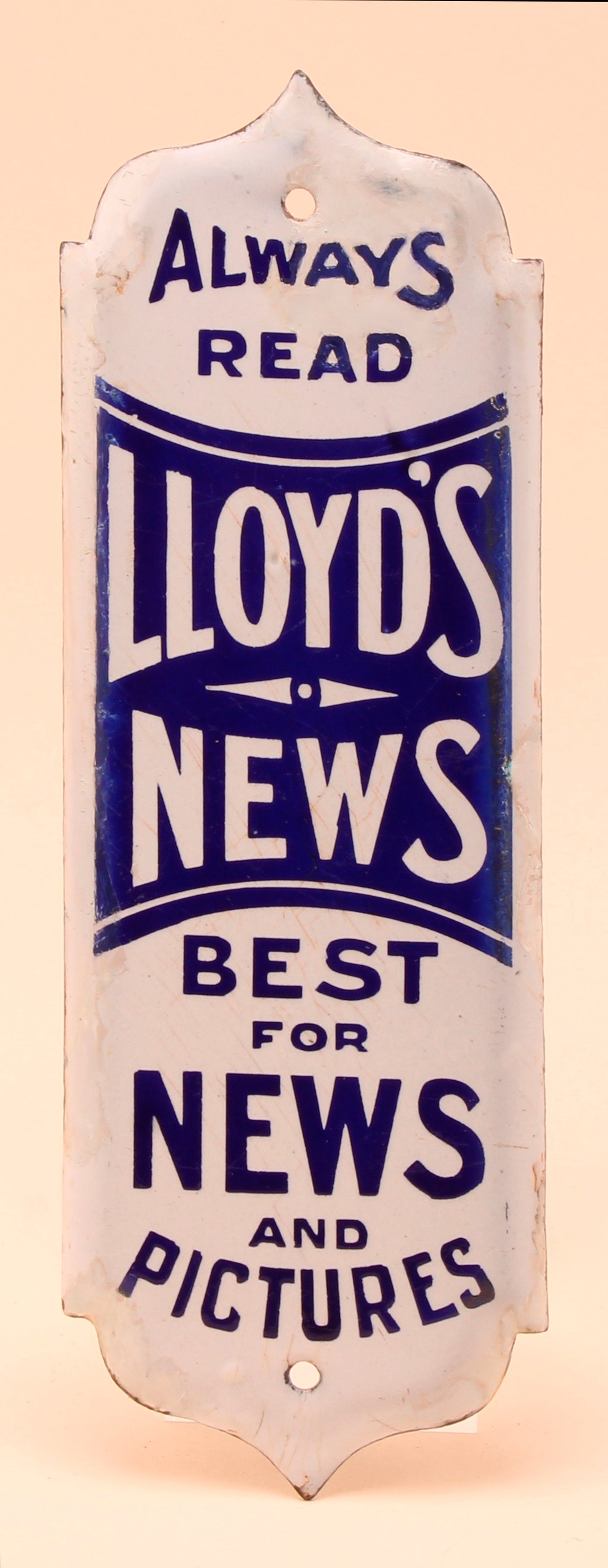 Advertising - an early 20th century shaped rectangular enamel fingerplate, Always Read Lloyd's News, Best For News and Pictures, inscribed in blue on a white ground, 21.5cm x 7cm