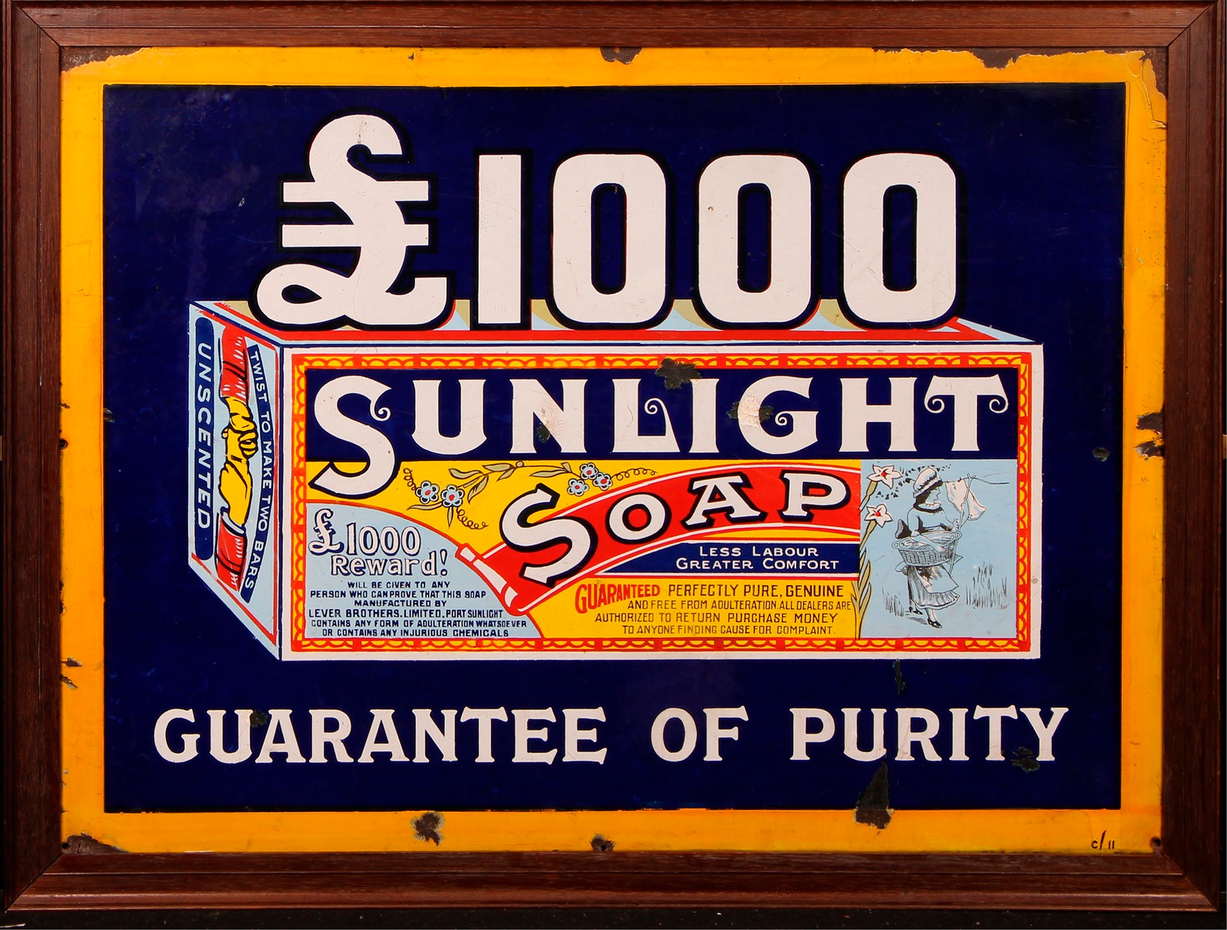 Advertising - an early 20th century rectangular pictorial enamel sign, Sunlight Soap, £1000 Guarantee of Purity, illustrated with a labelled packet, 67cm x 91cm