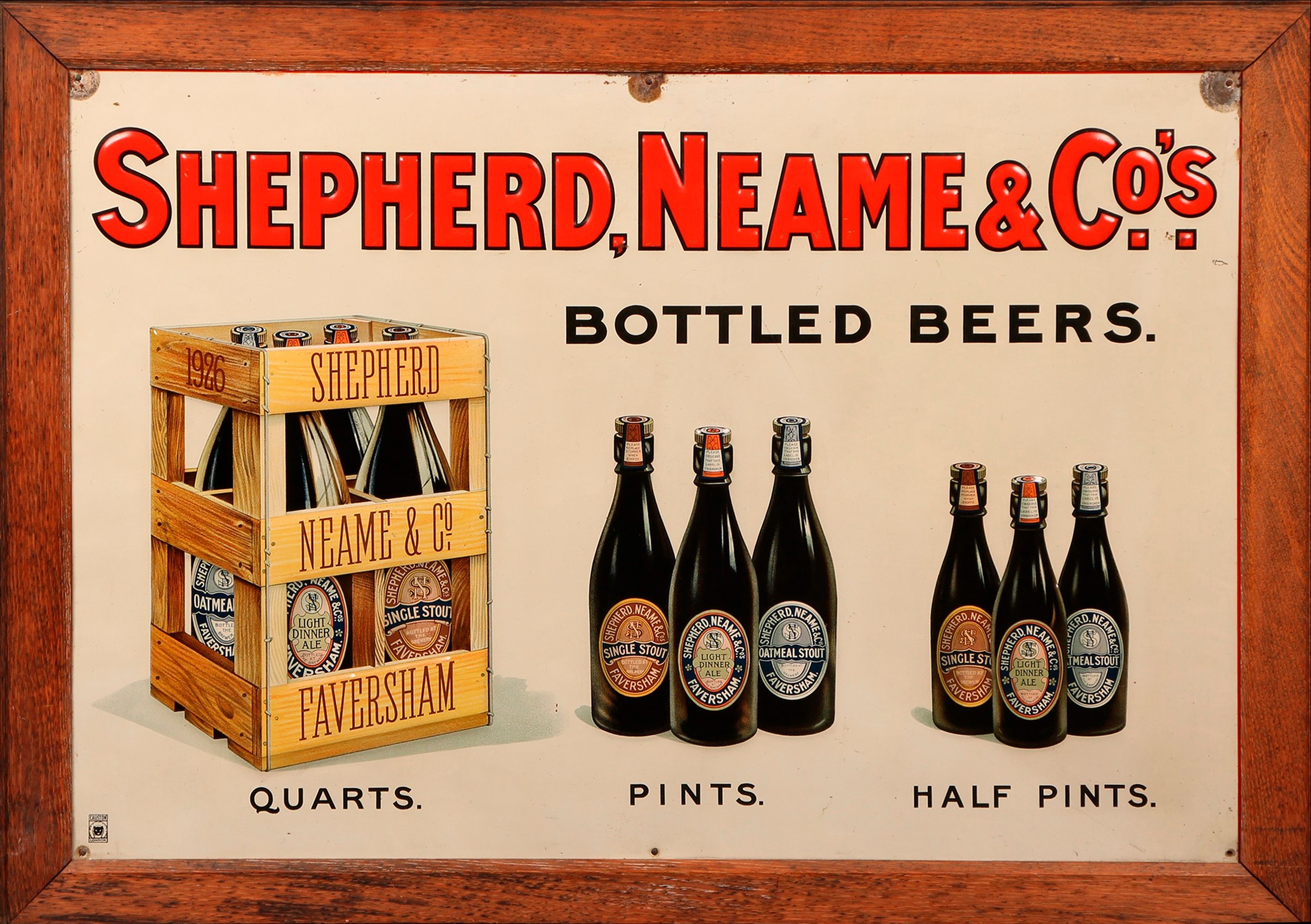 Advertising - Breweriana - an early 20th century rectangular pictorial embossed tin sign, Shepherd, Neame & Co's Bottled Beers, Quarts, Pints, and Half Pints, illustrated in polychrome with a crate and labelled bottles, 50cm x 73cm