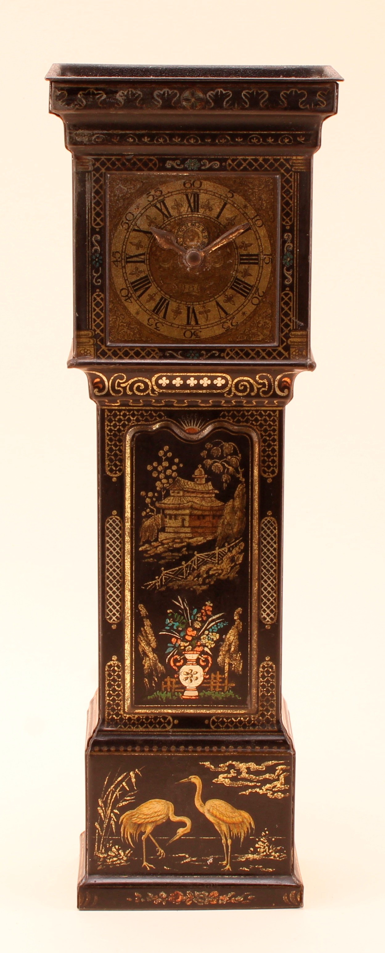 Advertising Tins - a Huntley & Palmers novelty biscuit tin in the form of a long case clock, the case decorated in the chinoiserie taste, Roman numerals and subsidiary Arabic numerals to dial with moving hands, 29.5cm high, c.1925