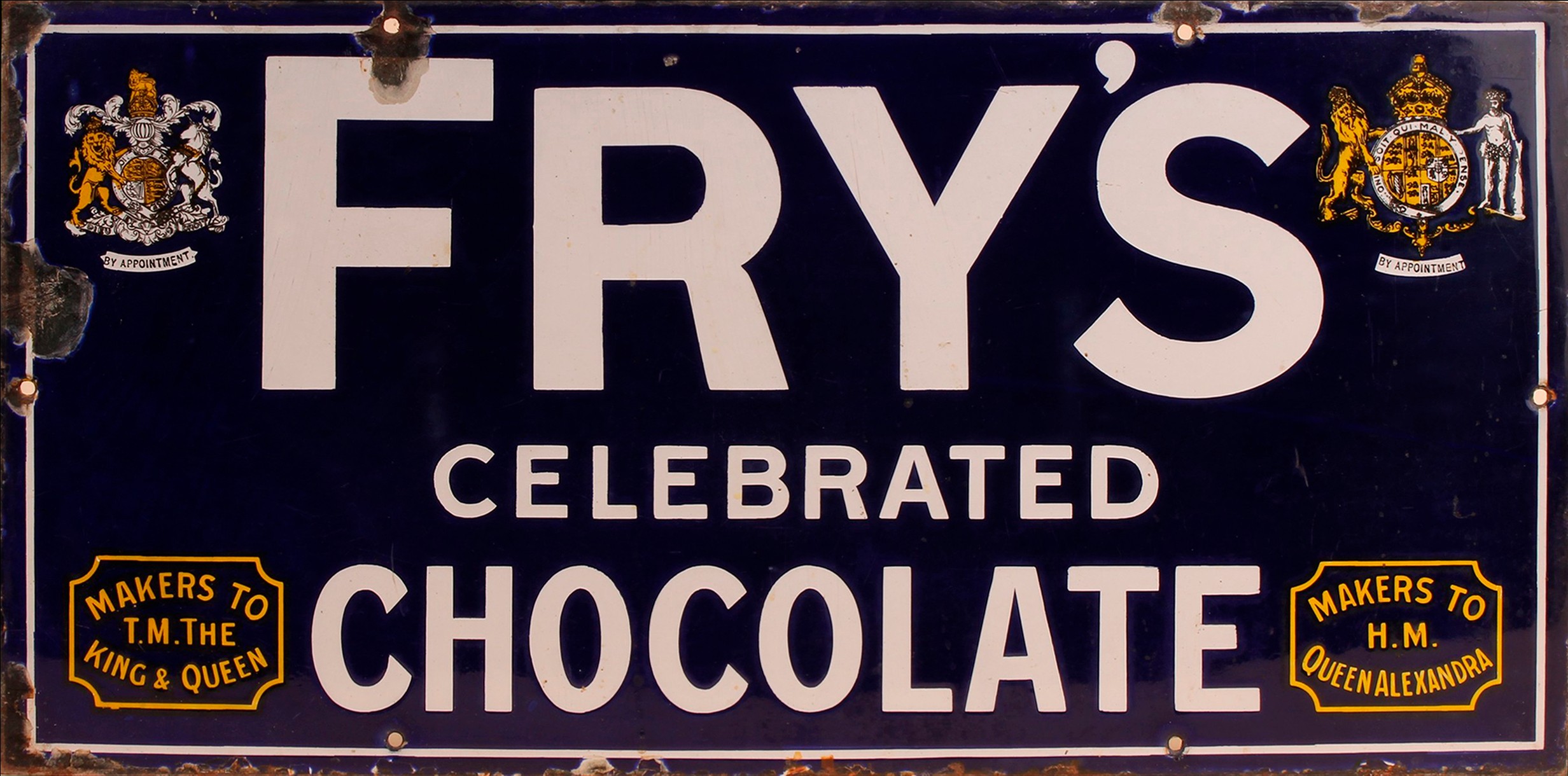 Advertising - an early 20th century rectangular enamel sign, Fry's Celebrated Chocolate, illustrated with royal coat of arms, 30.5cm x  61cm, c.1910-1925