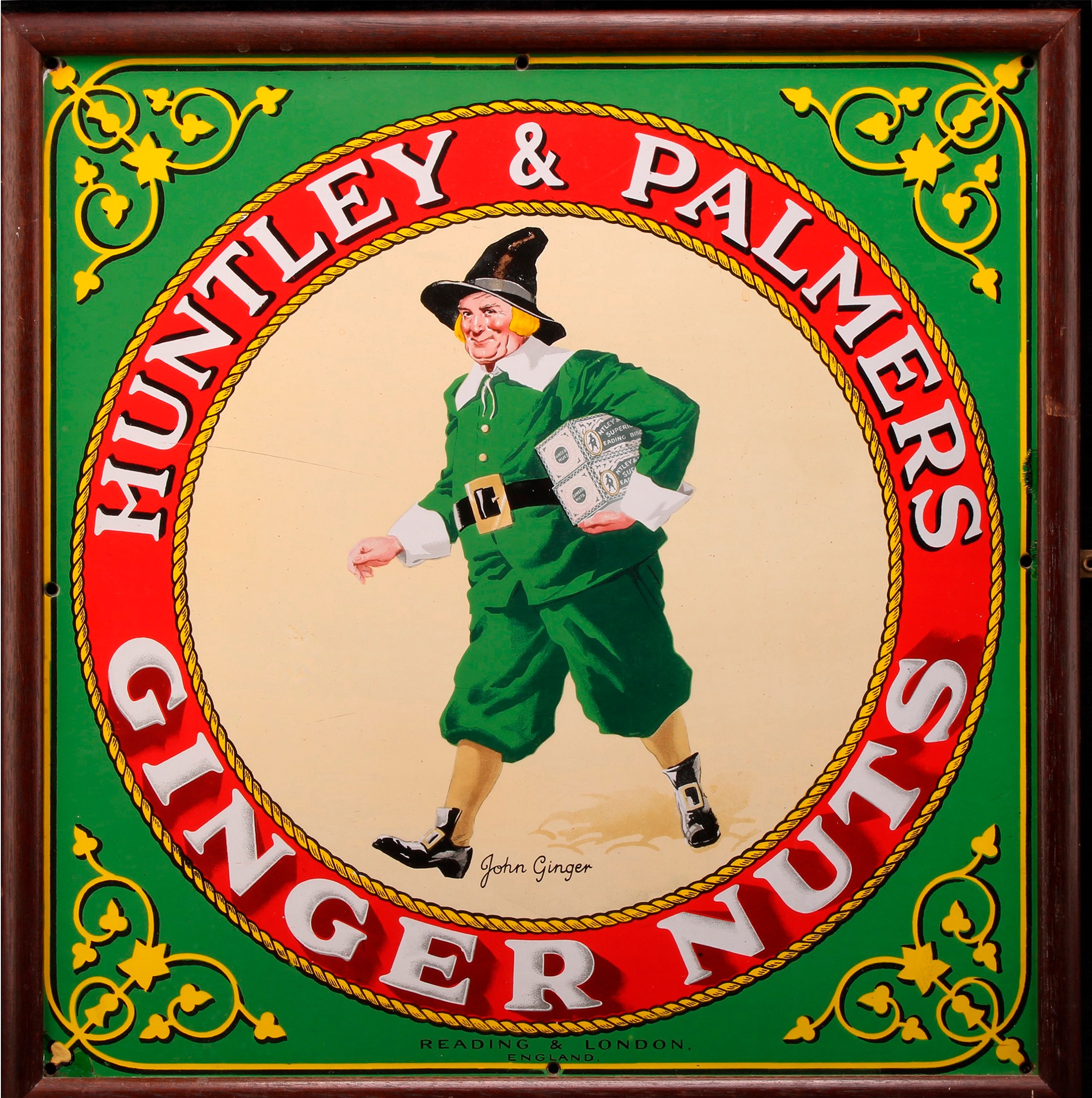 Advertising - an early 20th century rectangular pictorial enamel sign, Huntley & Palmers Ginger Nuts, illustrated with 'John Ginger' carrying labelled tins, 45.5cm x 44cm