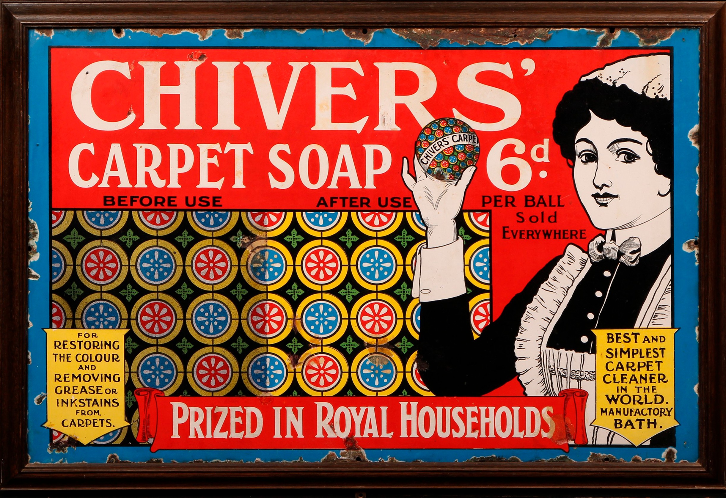 Advertising - a late Victorian/Edwardian pictorial enamel sign, Chivers' Carpet Soap, 6d Per Ball, Sold Everywhere, Prized in Royal Households, illustrated with a maid holding a labelled tin, 51cm x 76.5cm