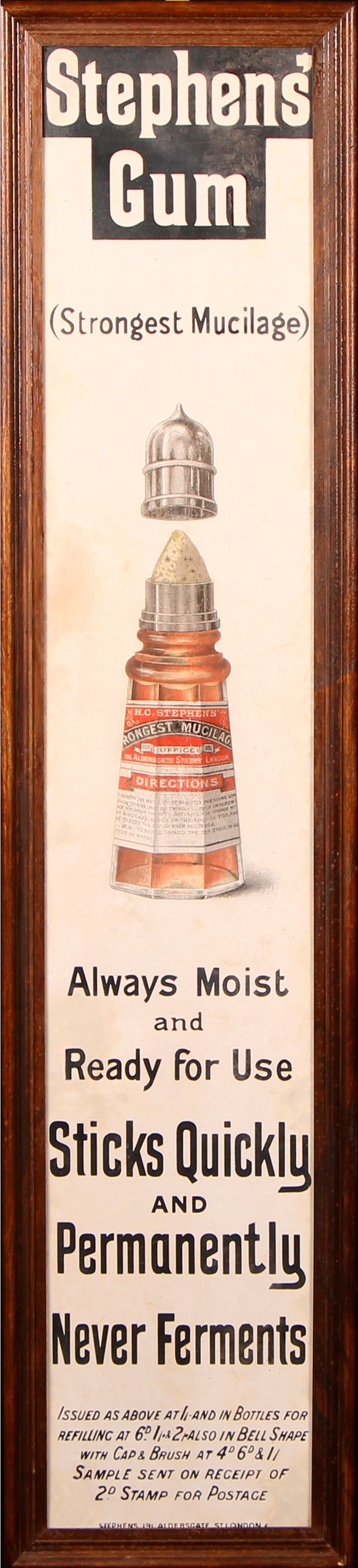 Advertising - an early 20th century rectangular pictorial enamel sign, Stephens' Gum (Strongest Mucilage), Always Moist and Ready for Use, Sticks Quickly and Permanently, Never Ferments, illustrated with a labelled bottle, 112cm x 21cm