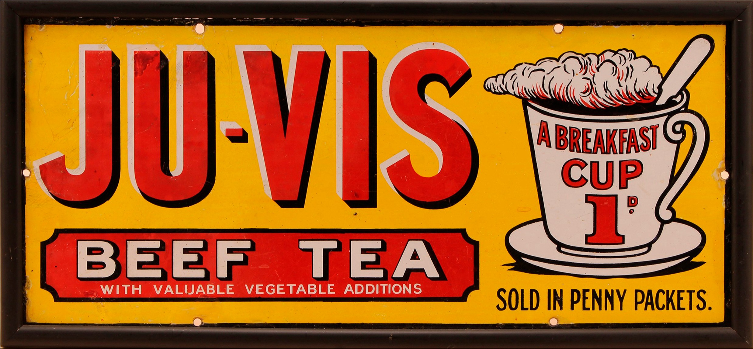 Advertising - a rectangular pictorial enamel sign, Ju-Vis Beef Tea, inscribed in red on a yellow ground, illustrated with a breakfast cup of beef tea, 22.5cm x 51cm