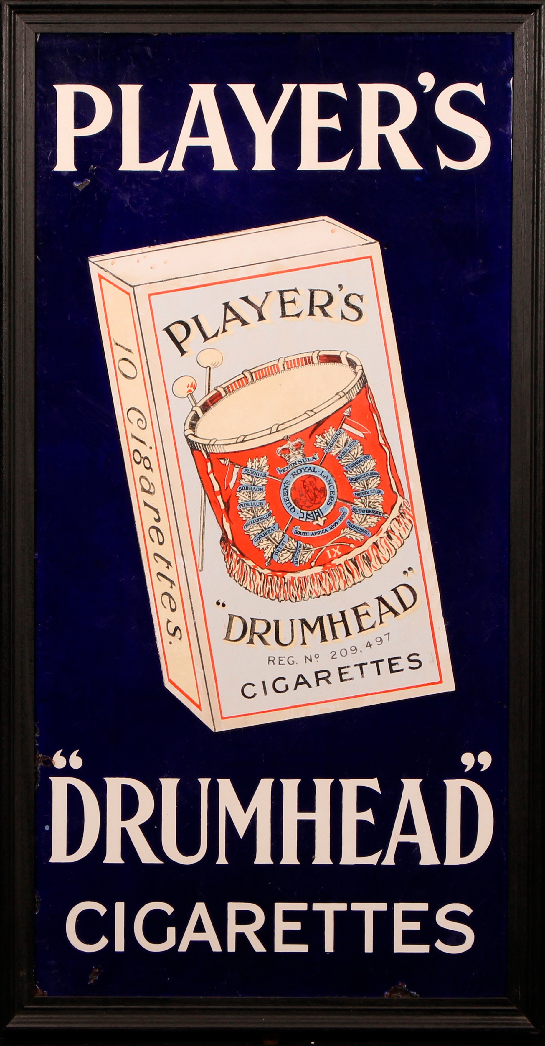 Advertising - Tobacco - an early 20th century pictorial enamel sign, Player's "Drumhead" Cigarettes, illustrated with a labelled packet,  91cm x 44.5cm