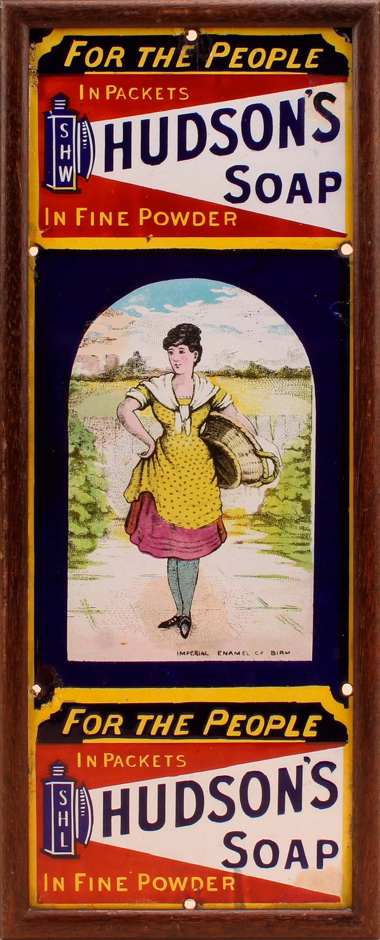 Advertising - an early 20th century rectangular enamel sign, of small proportions, Hudson's Soap, illustrated with a laundry maid, 40.5cm x 15cm