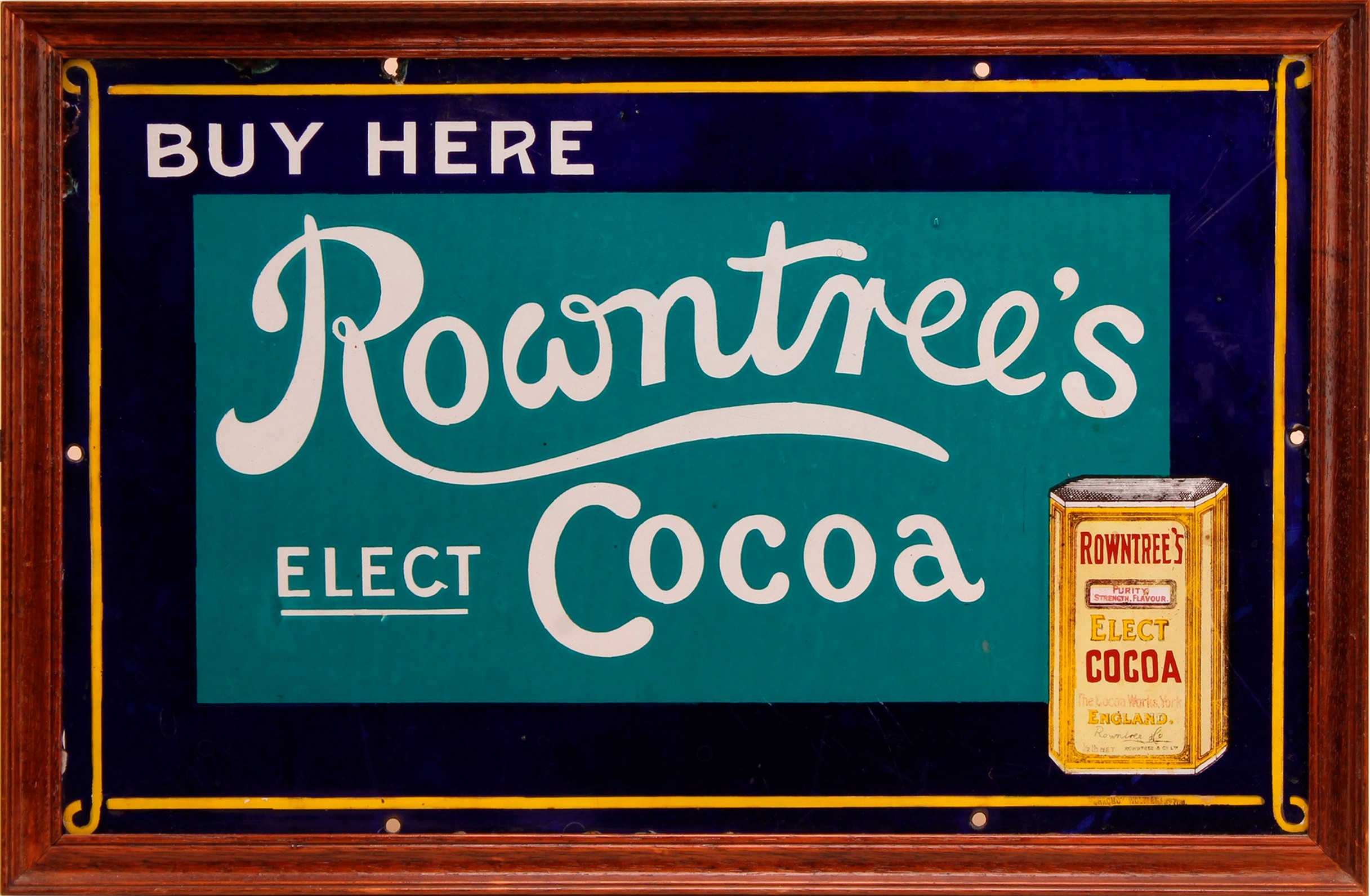 Advertising - an early 20th century rectangular pictorial enamel sign, Rowntree's Elect Cocoa, Buy Here, illustrated with a labelled tin, 30.5cm x 48.5cm