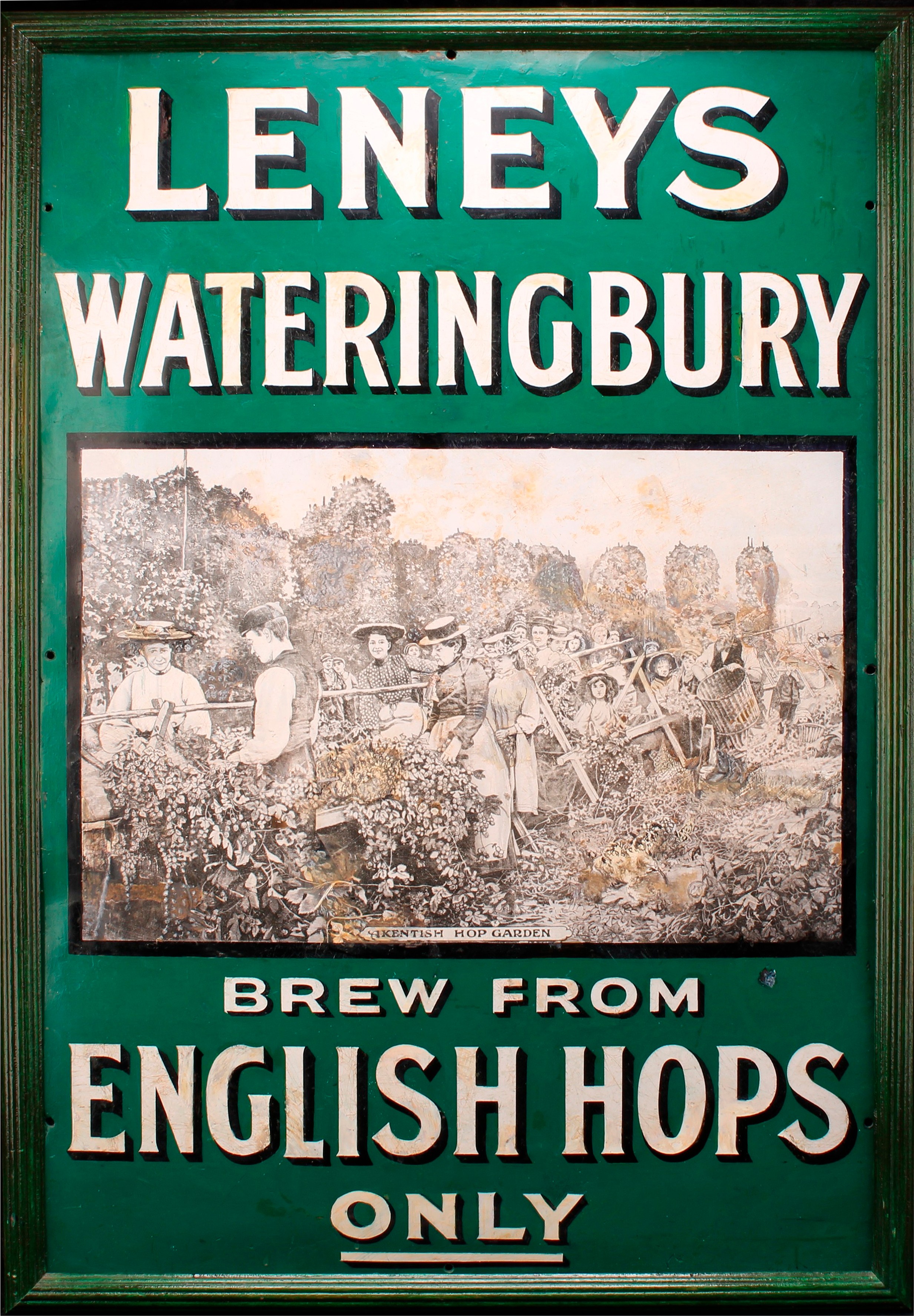 Advertising - an early 20th century rectangular pictorial enamel sign, Leneys Wateringbury, Brew From English Hops Only, illustrated in monochrome with 'A Kentish Hop Garden', on a green ground, 75cm x 49.5cm