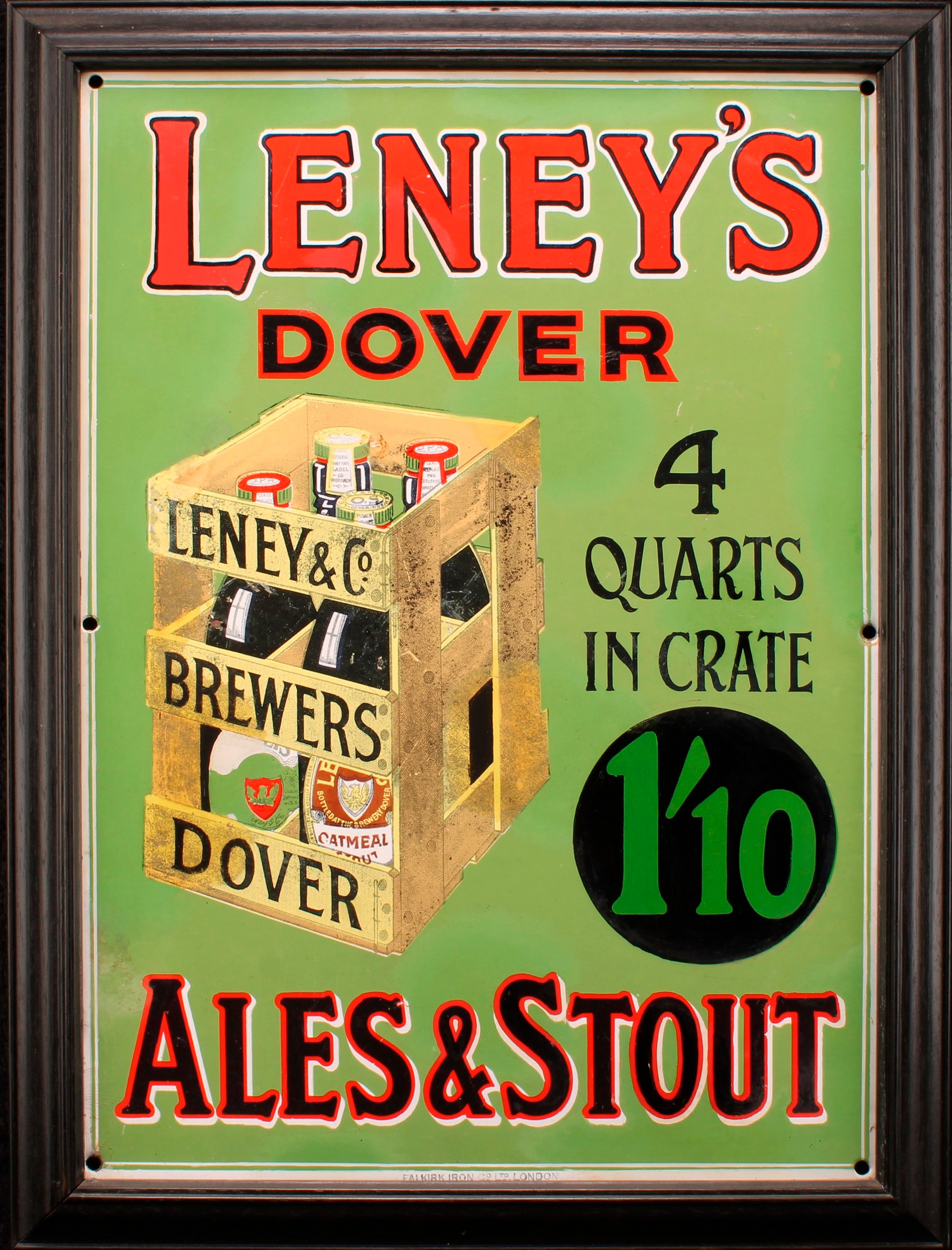 Advertising - Breweriana - an early 20th century rectangular pictorial enamel sign, Leney's Dover Ales & Stout, illustrated with a crate of four beer bottles, 48cm x 34.5cm