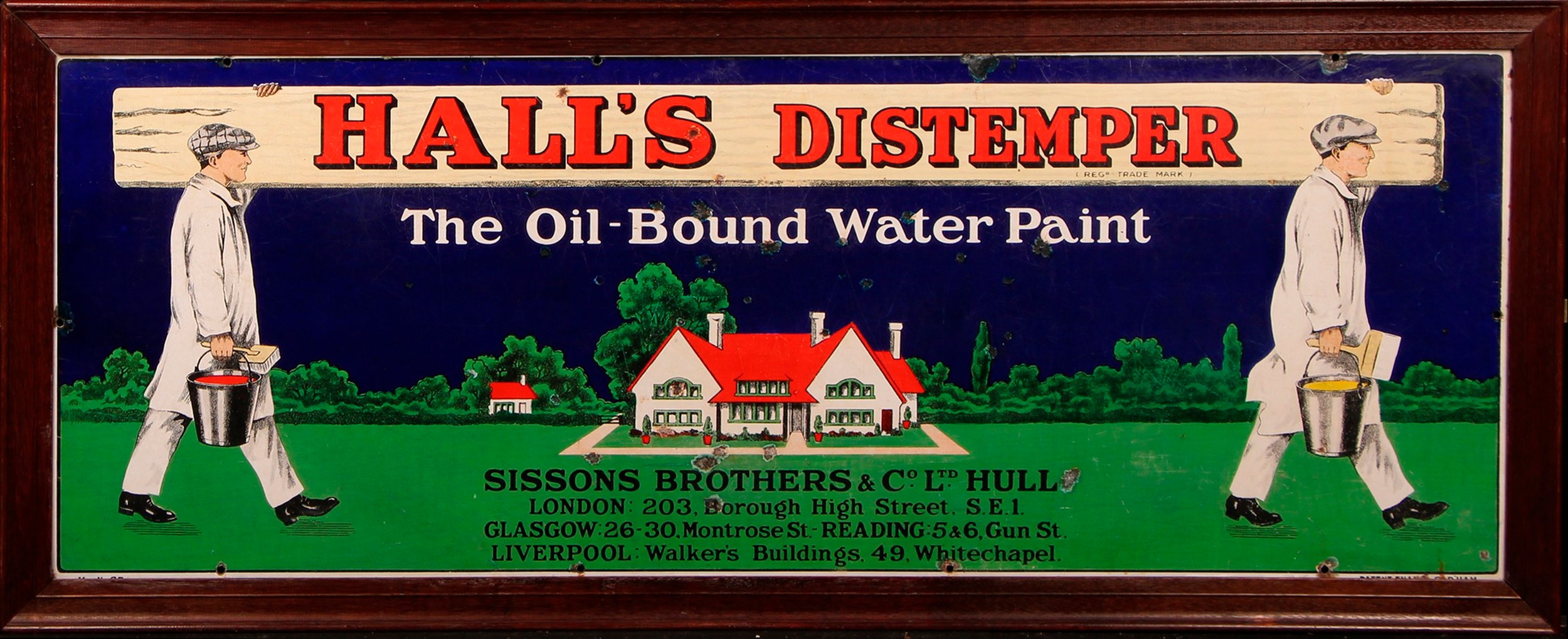 Advertising - an early to mid 20th century rectangular enamel sign, Hall's Distemper, The Oil-Bound Water Paint, Sissons Brothers & Co. Ltd., Hull, illustrated with two workmen carrying a plank, before an Art Deco period house, 46cm x 122cm