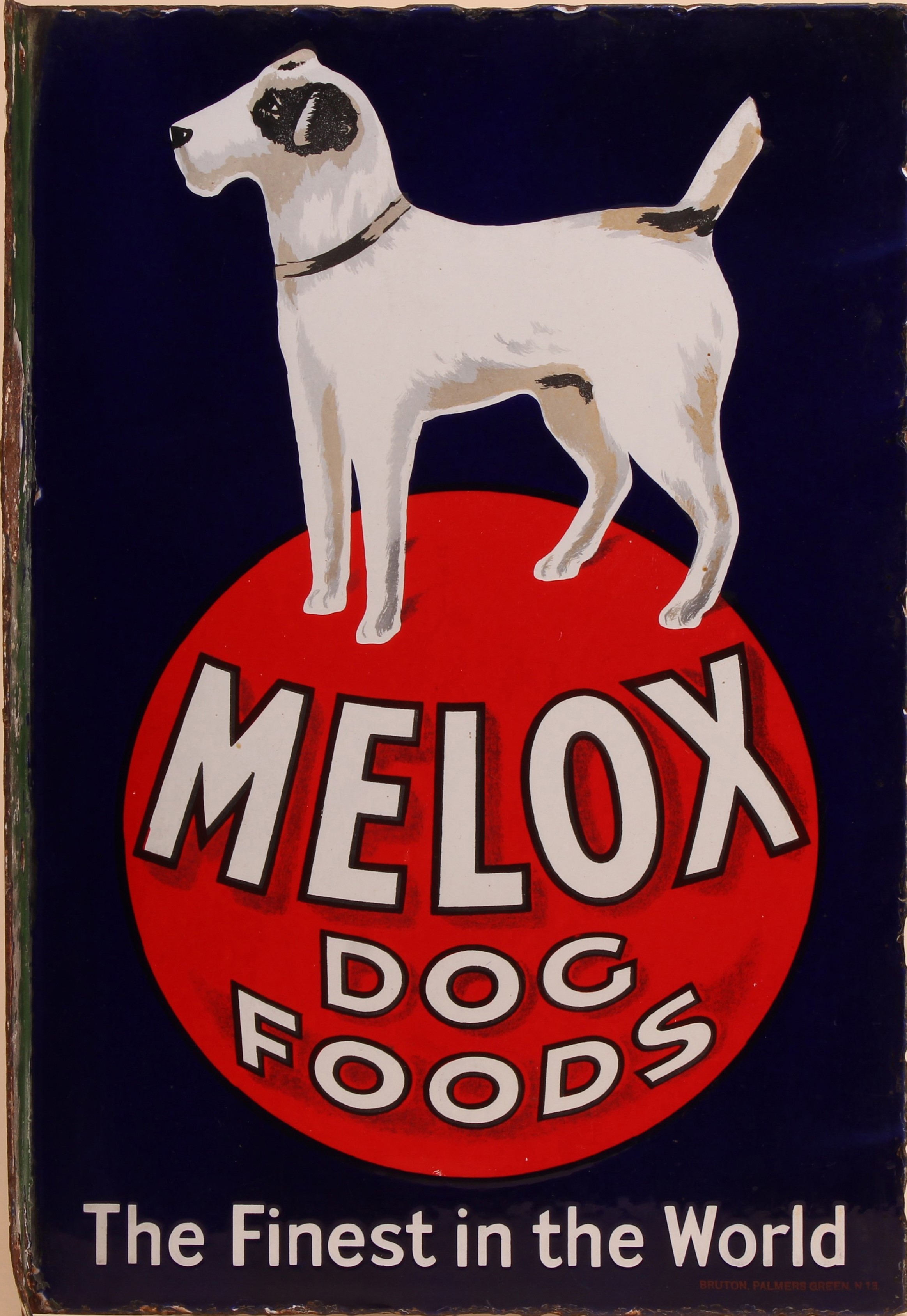 Advertising - a rectangular double sided flanged pictorial enamel sign, Melox Dog Foods, The Finest In The World, each side illustrated with a terrier dog stood on a red ball, blue ground, 45.5cm x 30.5cm