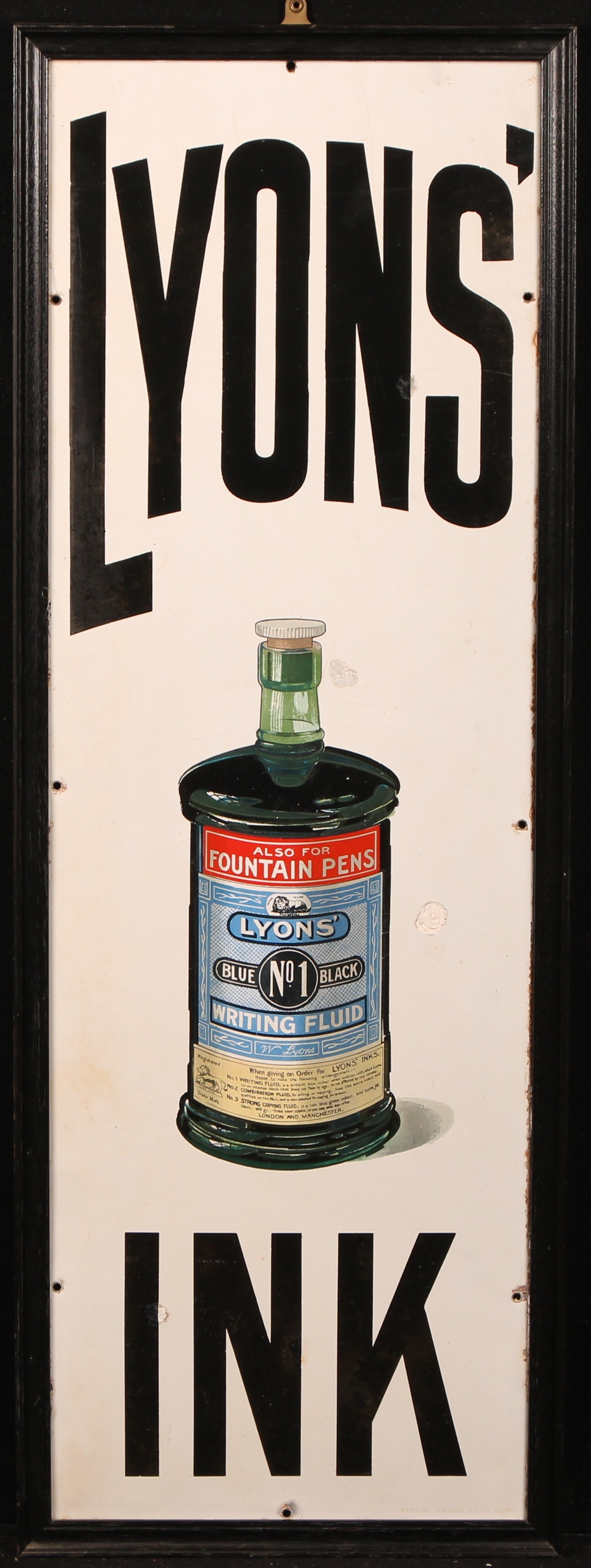 Advertising - an early 20th century rectangular pictorial enamel sign, Lyons' Ink, illustrated with a labelled bottle, 90.5cm x 30cm