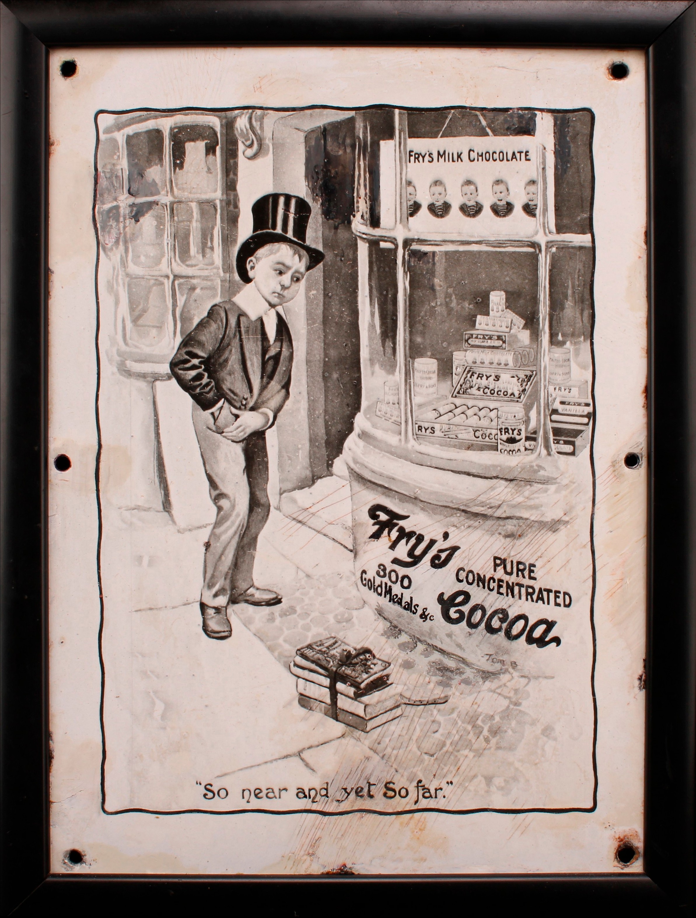 Advertising - an early 20th century rectangular pictorial enamel sign, Fry's Pure Concentrated Cocoa, illustrated in monochrome with a boy in period dress staring longingly into a sweet shop window, inscribed 'So near and yet so far', 35.5cm x 25cm