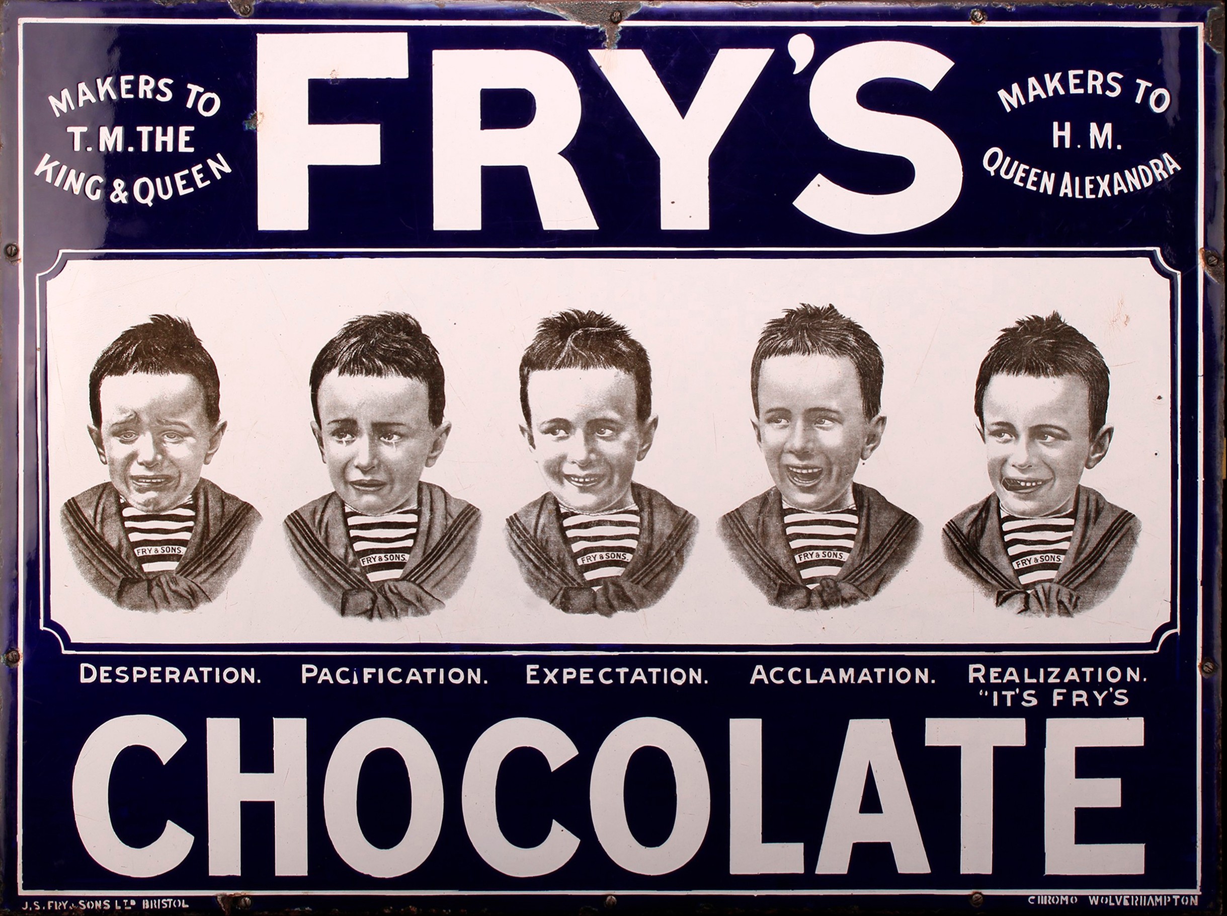 Advertising - Confectionery - an early 20th century rectangular pictorial enamel sign, Fry's Chocolate, illustrated with the five boys, Desperation, Pacification, Expectation, Acclamation, Realization "It's Fry's", on a blue ground, 56cm x 76cm