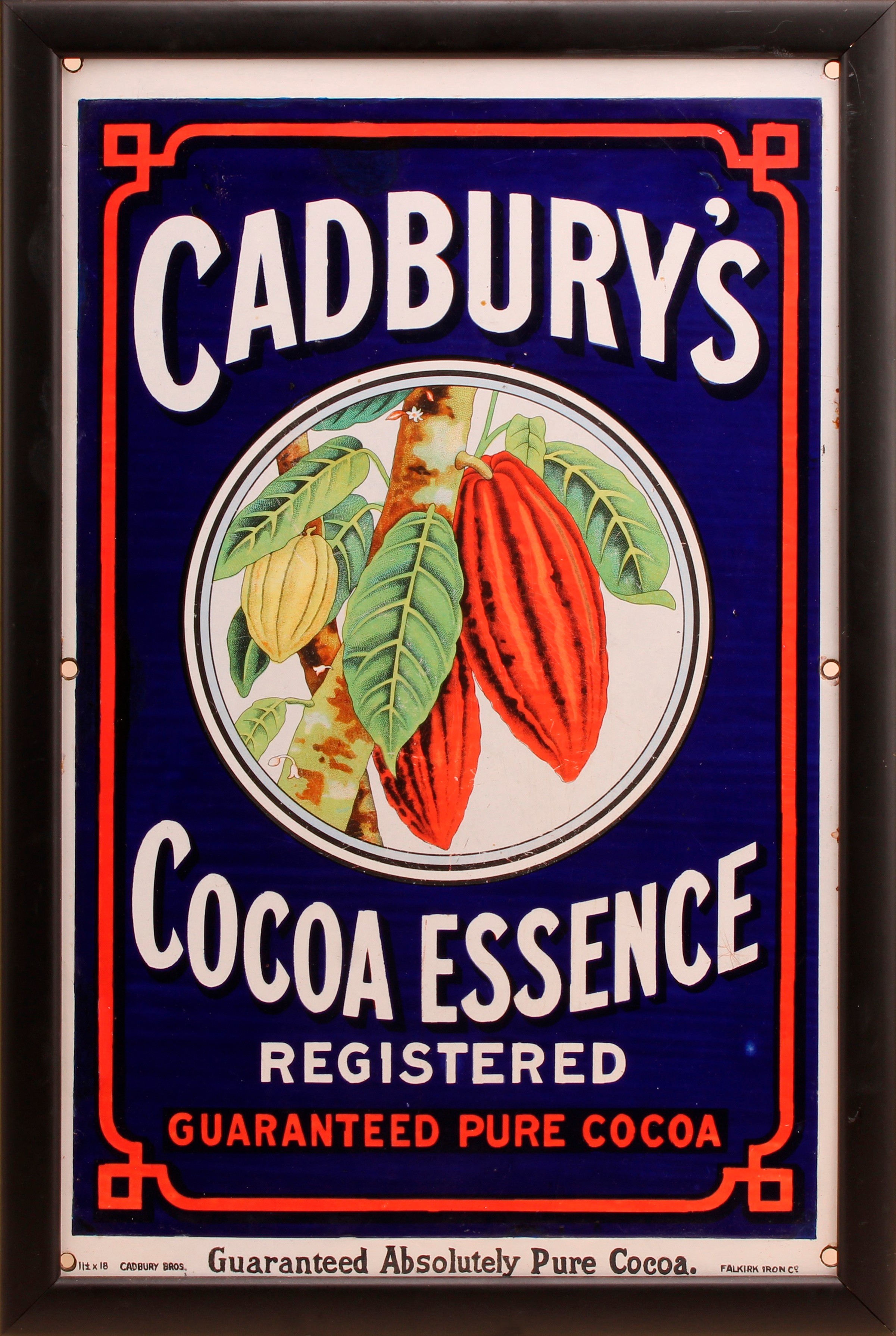Advertising - an early 20th century rectangular pictorial enamel sign, Cadbury's Cocoa Essence, Registered, Guaranteed Pure Cocoa, inscribed in white and red on a blue ground, illustrated in polychrome with fruiting cocoa/cacao plant, Falkirk Iron Co., 46cm x 29cm
