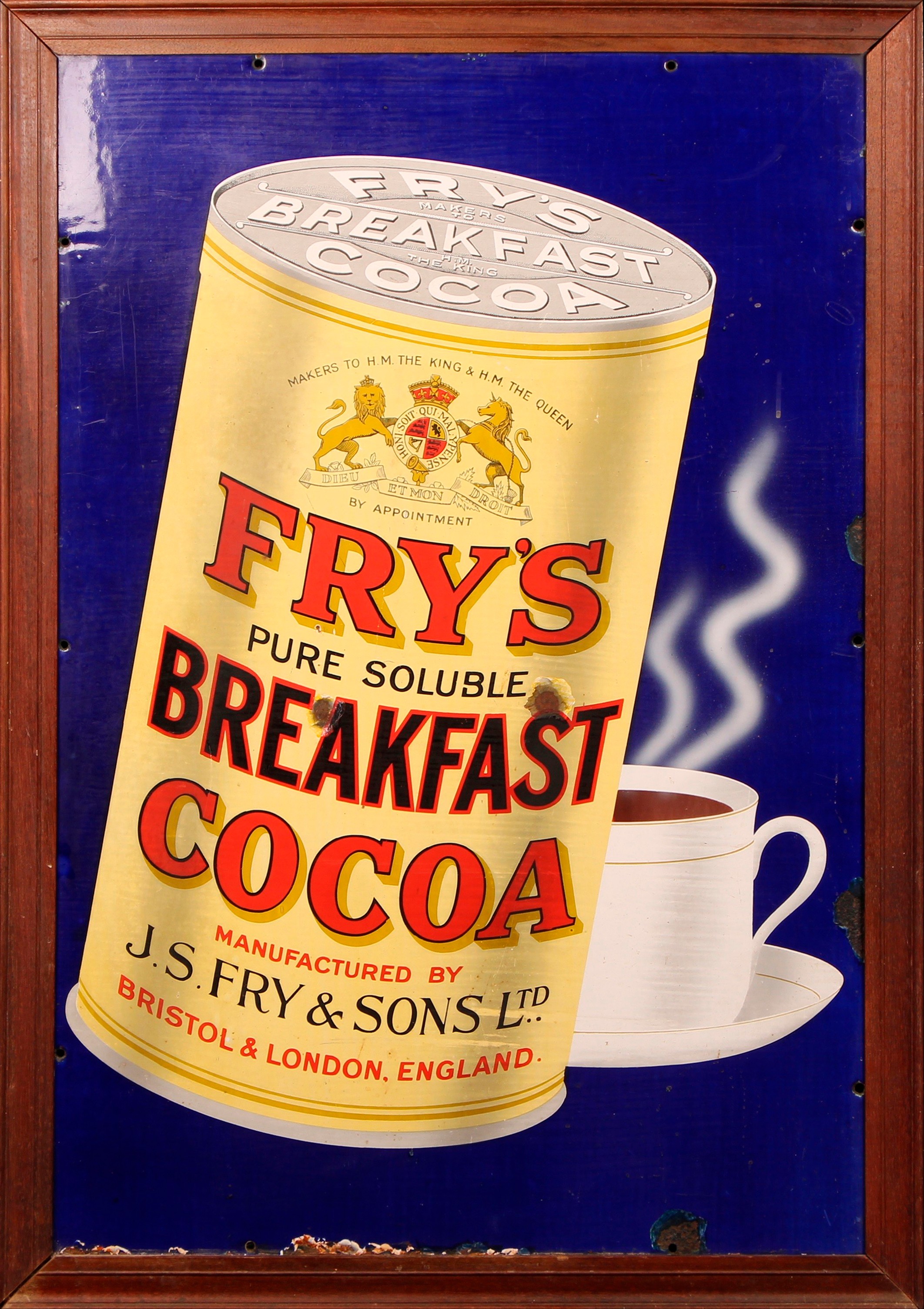 Advertising - an early 20th century rectangular pictorial enamel sign, Fry's Pure Soluble Breakfast Cocoa, illustrated with a labelled tin and cup of cocoa, 92cm x 61cm