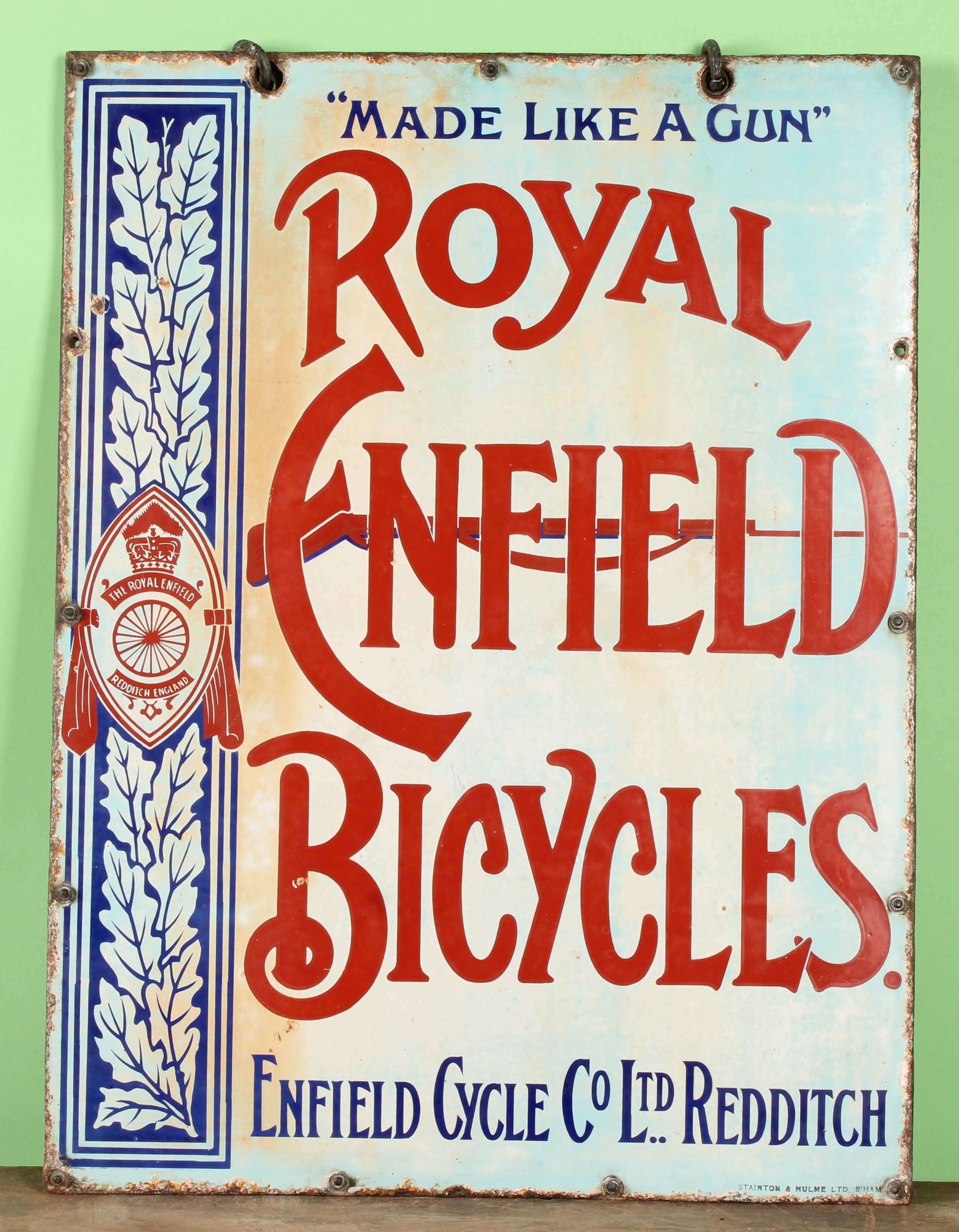 Advertising - a pair of early 20th century enamel signs, ROYAL ENFIELD BICYCLES “MADE LIKE A GUN”, mounted as a double-sided sign